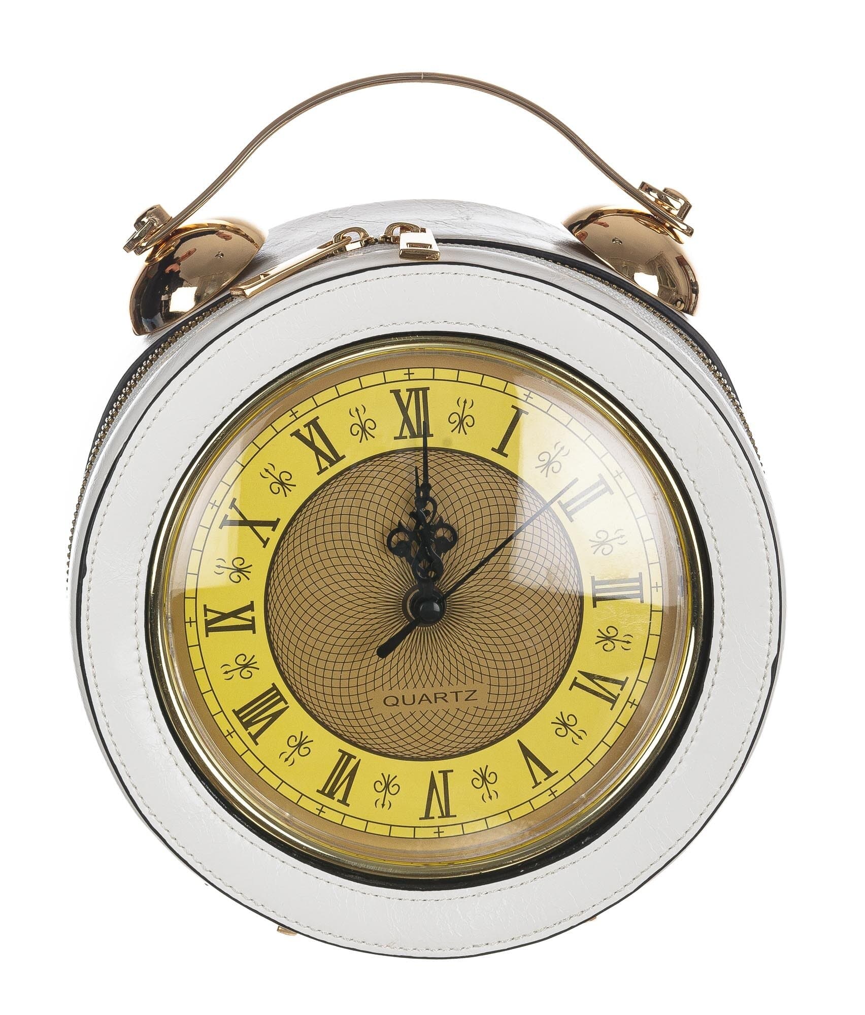 Borsa Mini Clock con orologio funzionante con tracolla, Cosplay Steampunk, ecopelle, colore bianco, ARIANNA DINI DESIGN