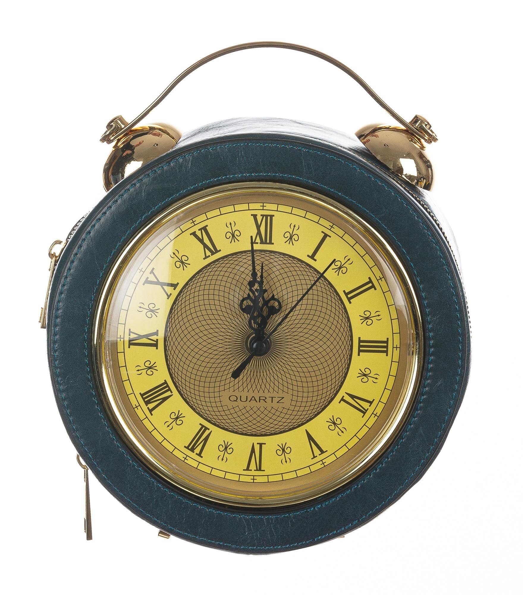 Borsa Mini Clock con orologio funzionante con tracolla, Cosplay Steampunk, ecopelle, colore blu, ARIANNA DINI DESIGN