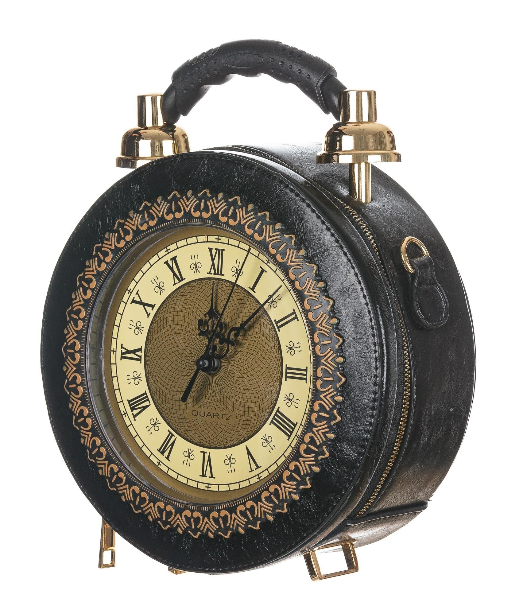 Borsa Tracy Clock con orologio funzionante con tracolla, Cosplay Steampunk, ecopelle, colore nero, ARIANNA DINI DESIGN