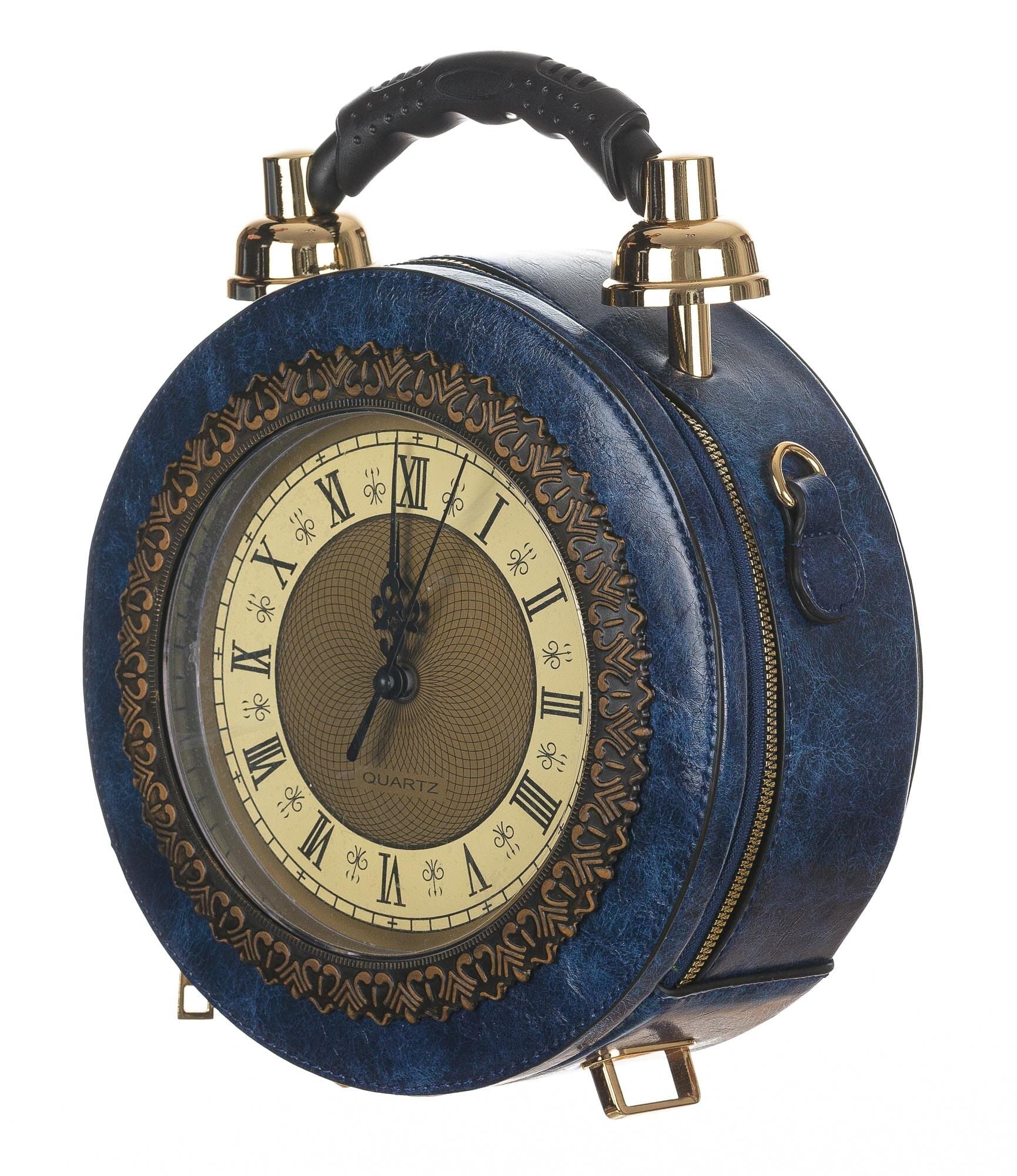 Borsa Tracy Clock con orologio funzionante con tracolla, Cosplay Steampunk, ecopelle, colore blu, ARIANNA DINI DESIGN