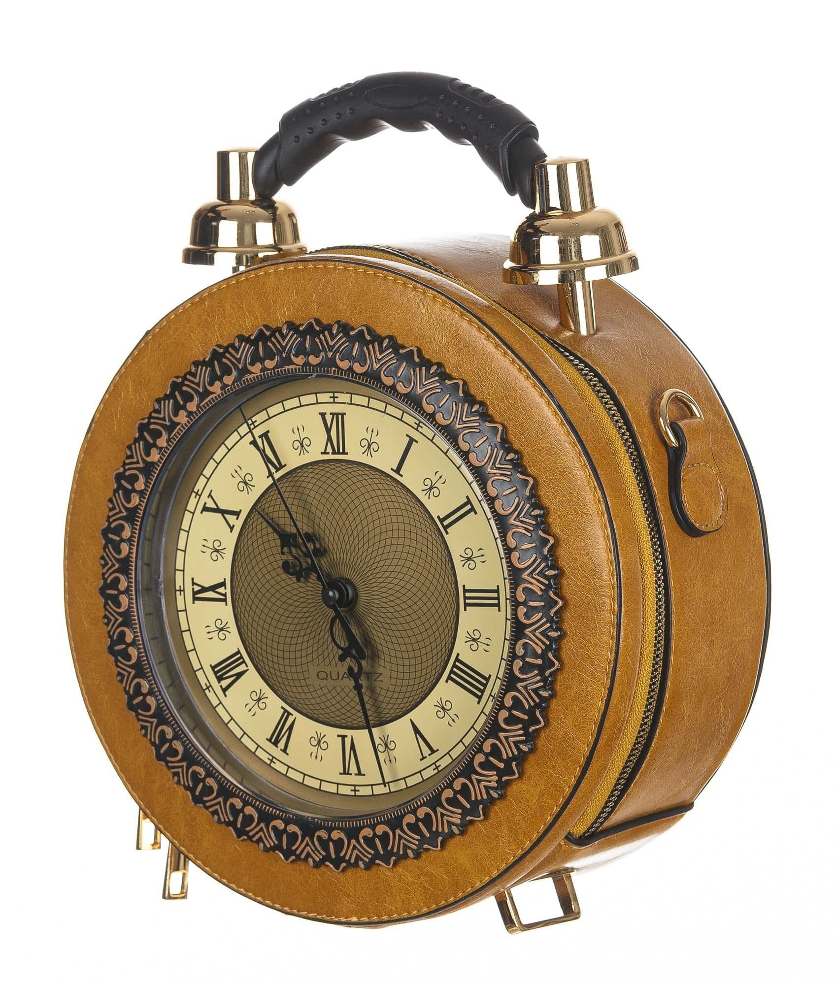 Borsa Tracy Clock con orologio funzionante con tracolla, Cosplay Steampunk, ecopelle, colore giallo, ARIANNA DINI DESIGN