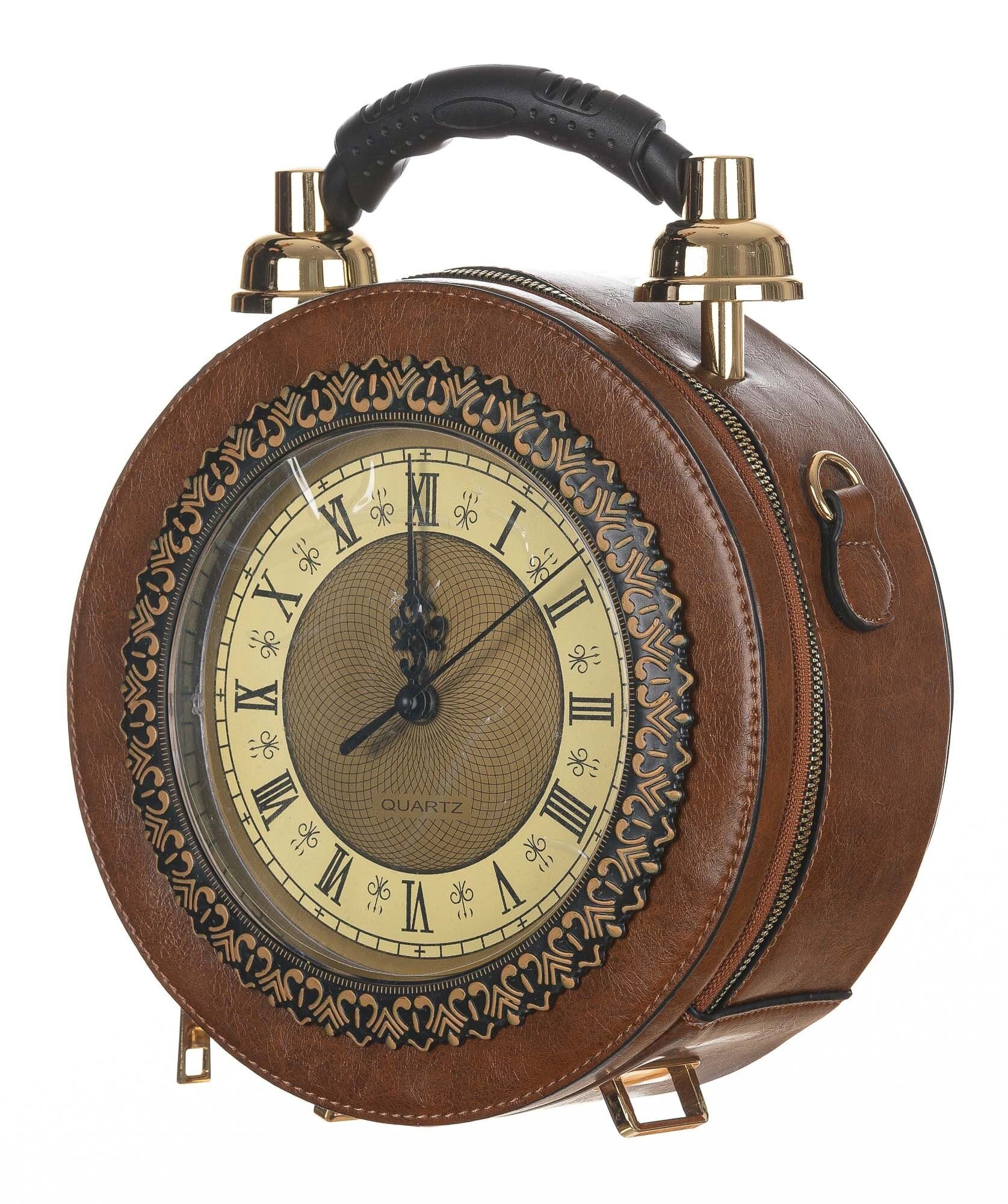 Borsa Tracy Clock con orologio funzionante con tracolla, Cosplay Steampunk, ecopelle, colore marrone, ARIANNA DINI DESIGN