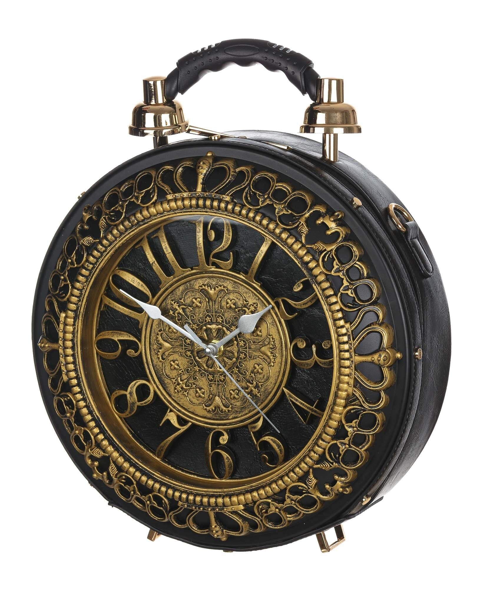 Borsa Royal Clock con orologio funzionante con tracolla, Cosplay Steampunk, ecopelle, colore nero / oro, ARIANNA DINI DESIGN