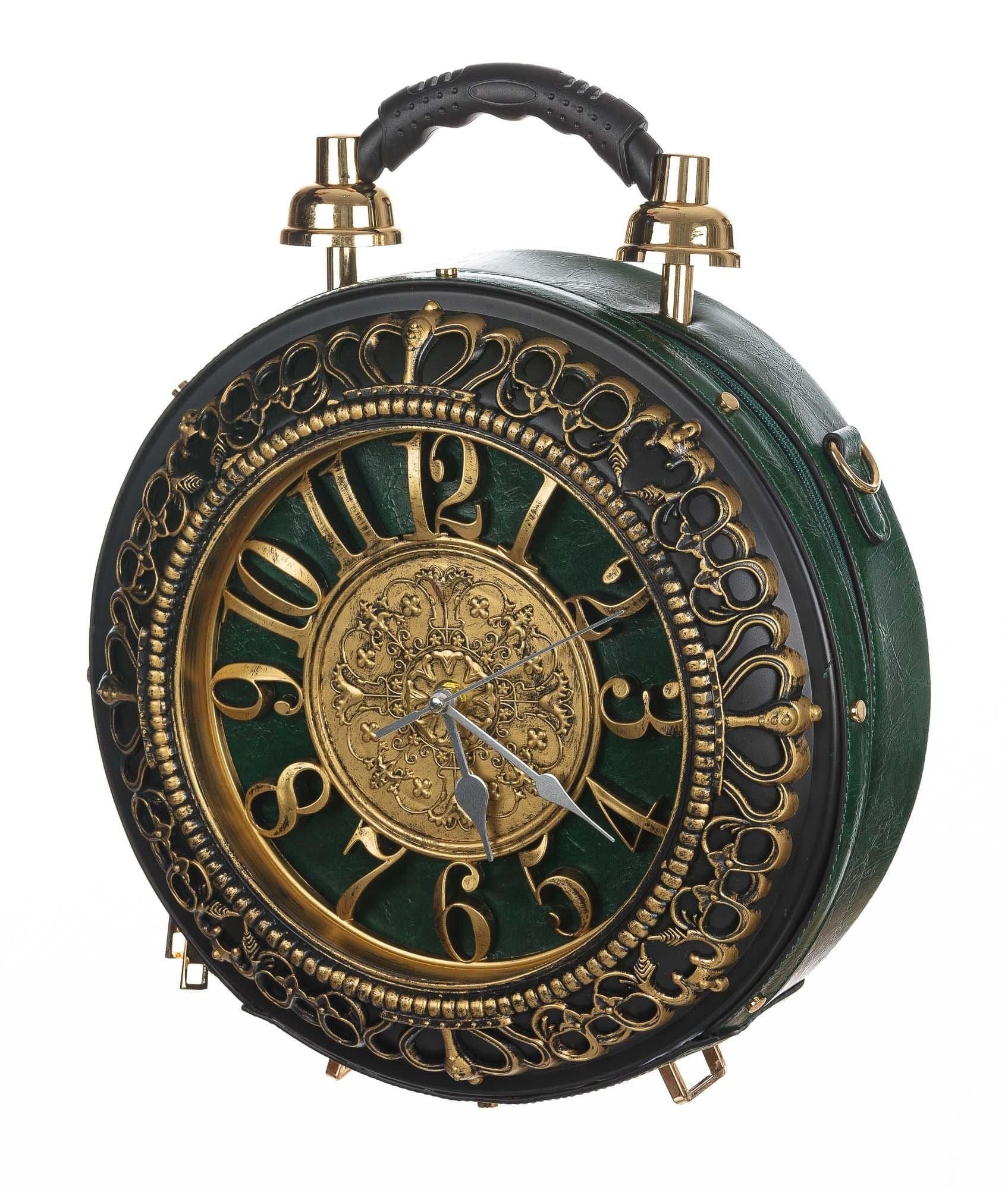 Borsa Royal Clock con orologio funzionante con tracolla, Cosplay Steampunk, ecopelle, colore verde e oro, ARIANNA DINI DESIGN