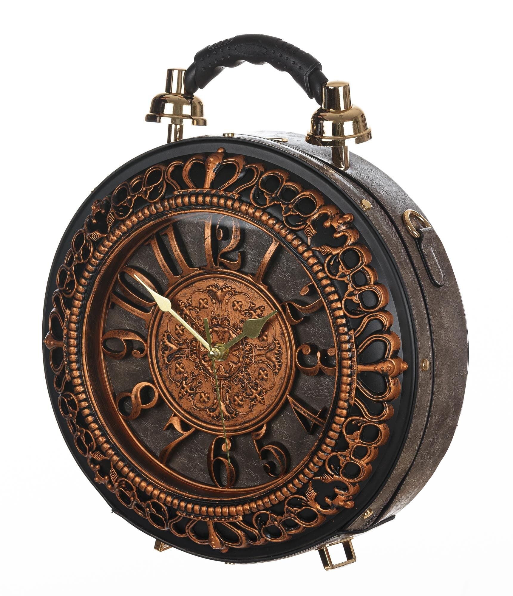 Borsa Royal Clock con orologio funzionante con tracolla, Cosplay Steampunk, ecopelle, colore taupe e marrone, ARIANNA DINI DESIGN