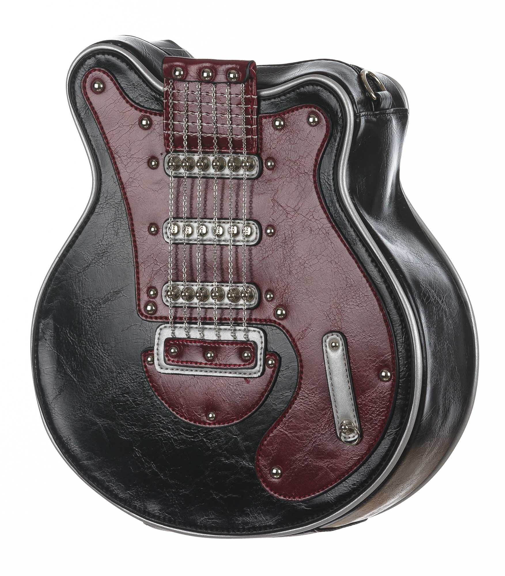 Borsa Guitar Lorien con tracolla, Cosplay Steampunk, in ecopelle, colore nero / bordeaux, ARIANNA DINI DESIGN
