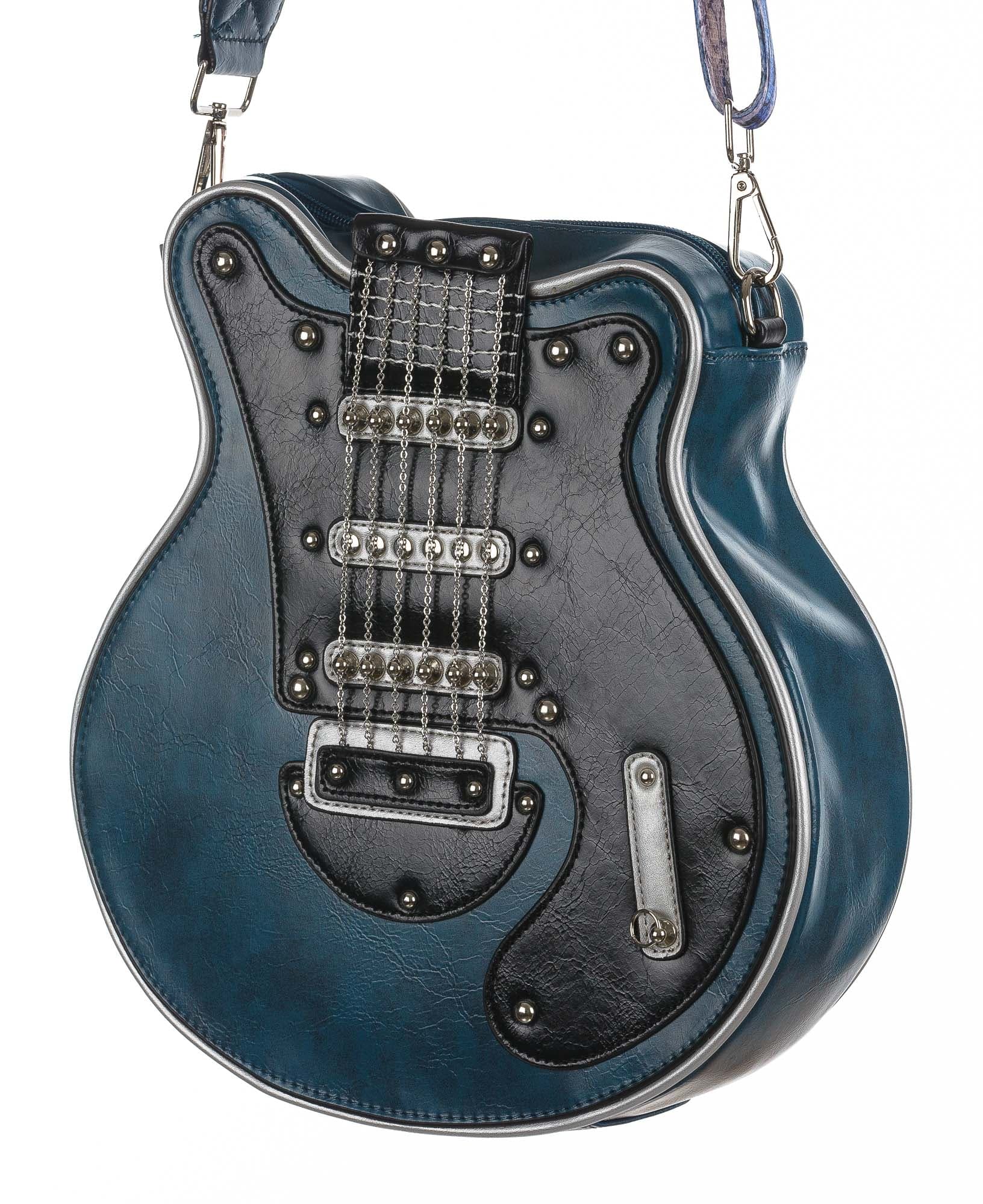 Borsa Guitar Lorien con tracolla, Cosplay Steampunk, in ecopelle, forma chitarra, colore blu, ARIANNA DINI DESIGN