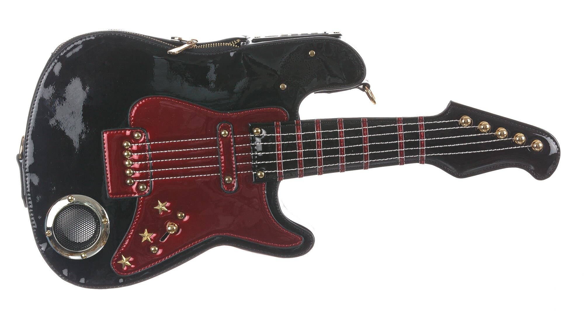Borsa Guitar Shana con cassa funzionante, con tracolla, Cosplay Steampunk, ecopelle, colore nero / bordeaux, ARIANNA DINI DESIGN