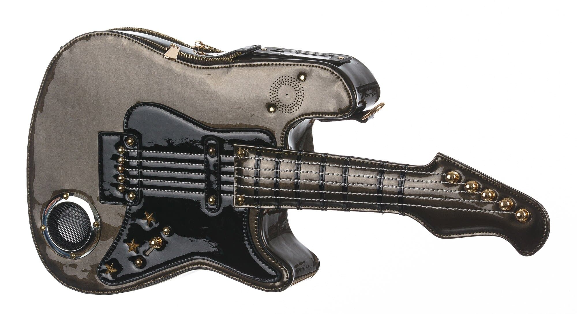 Borsa Guitar Shana con casse funzionanti, con tracolla, Cosplay Steampunk, ecopelle, colore taupe, ARIANNA DINI DESIGN