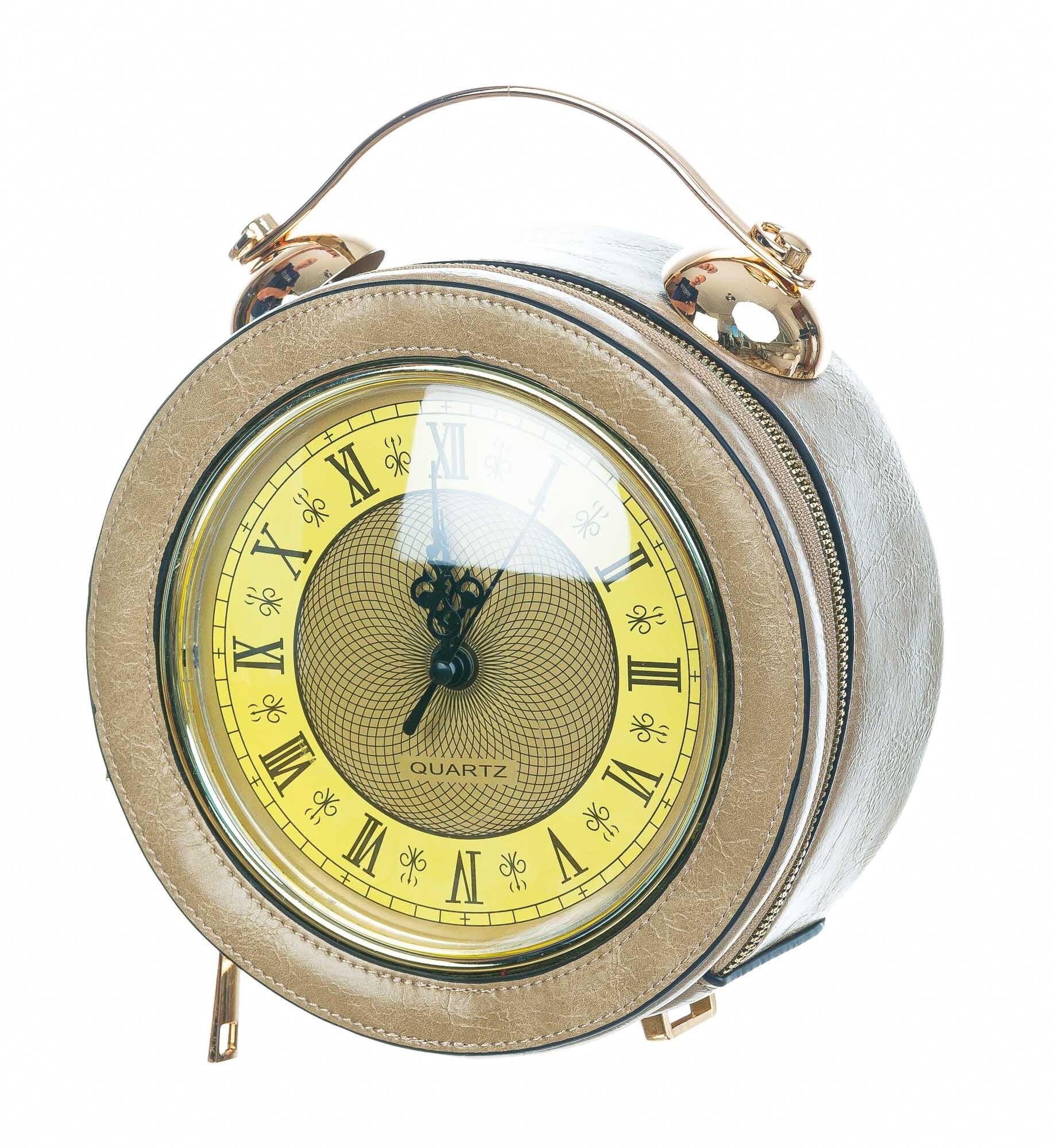 Borsa Mini Clock con orologio funzionante con tracolla, Cosplay Steampunk, ecopelle, colore beige, ARIANNA DINI DESIGN