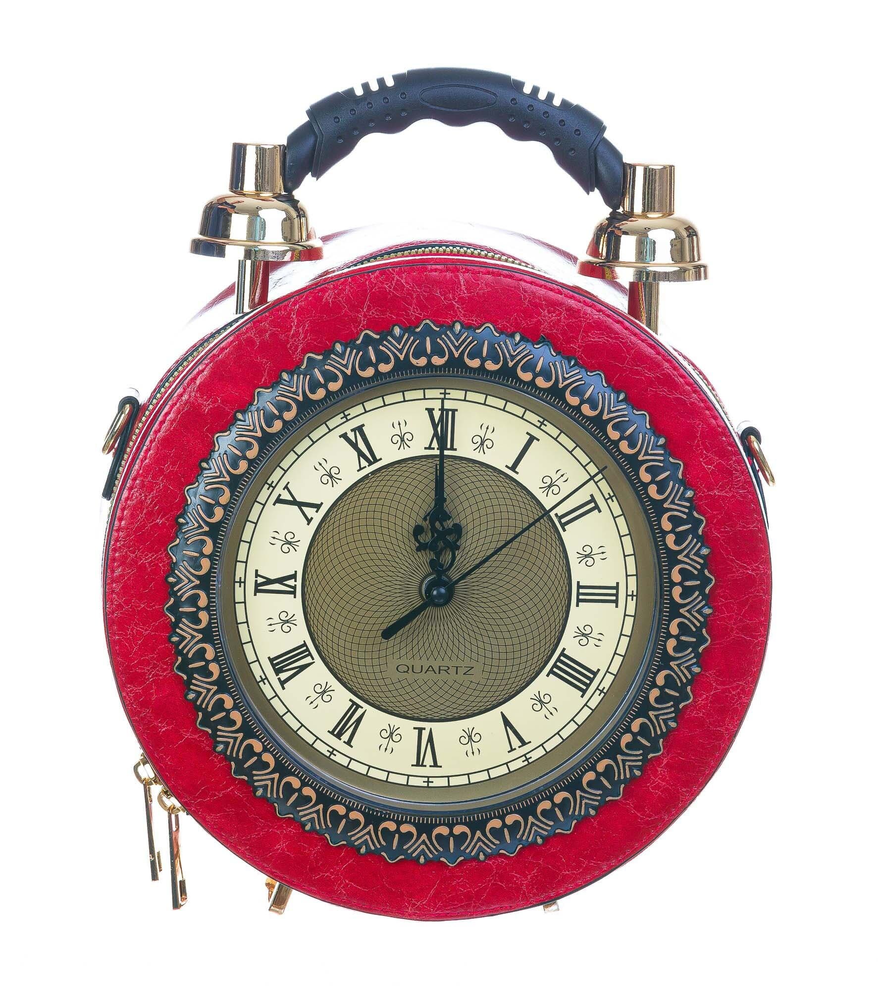 Borsa Tracy Clock con orologio funzionante con tracolla, Cosplay Steampunk, ecopelle, colore rosso, ARIANNA DINI DESIGN