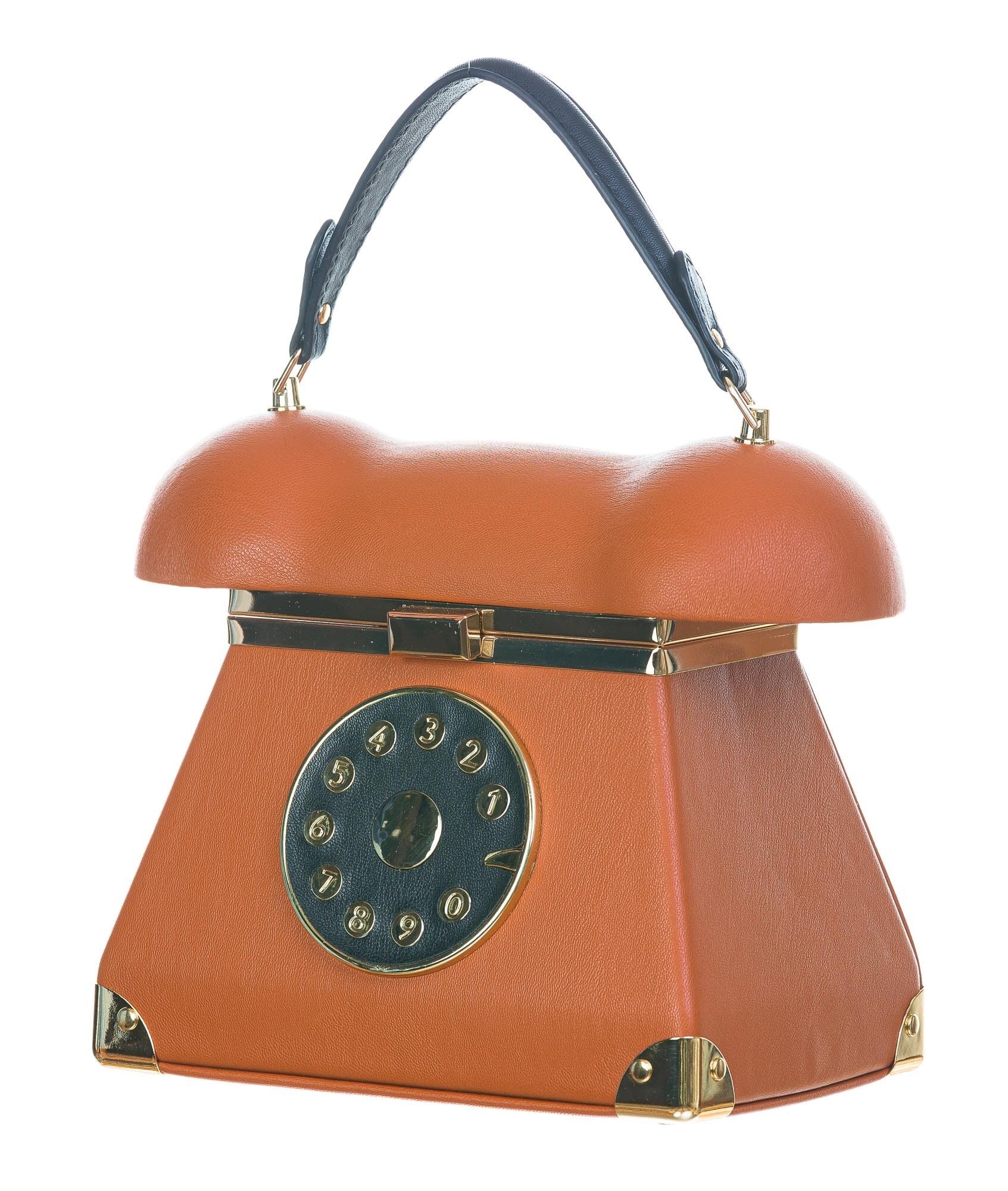 Borsa Telephone Penelope con tracolla, Cosplay Steampunk, ecopelle, colore arancio/nero, ARIANNA DINI DESIGN