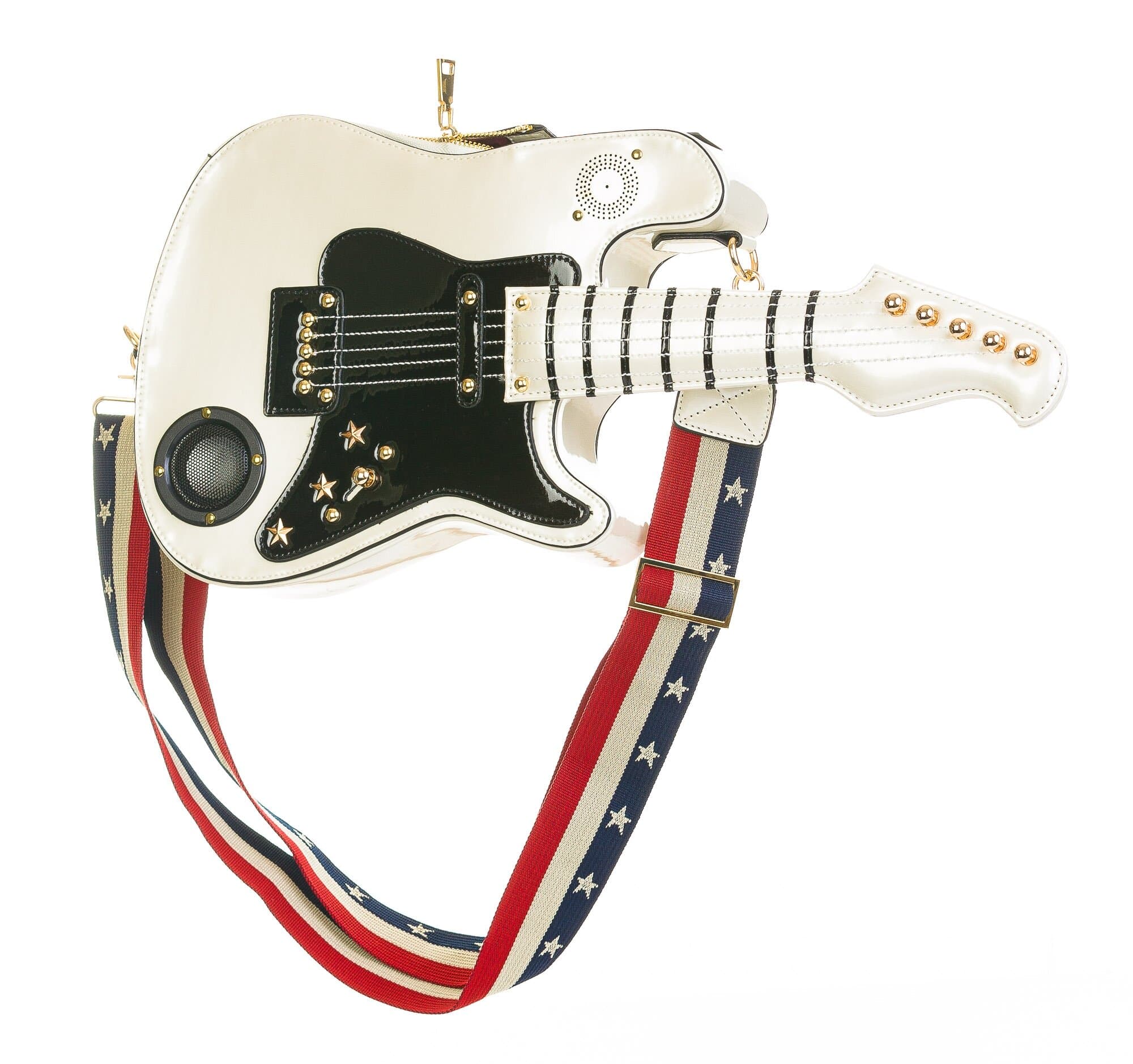 Borsa Guitar Shana con casse funzionanti, con tracolla, Cosplay Steampunk, ecopelle, forma chitarra, colore bianco, ARIANNA DINI DESIGN