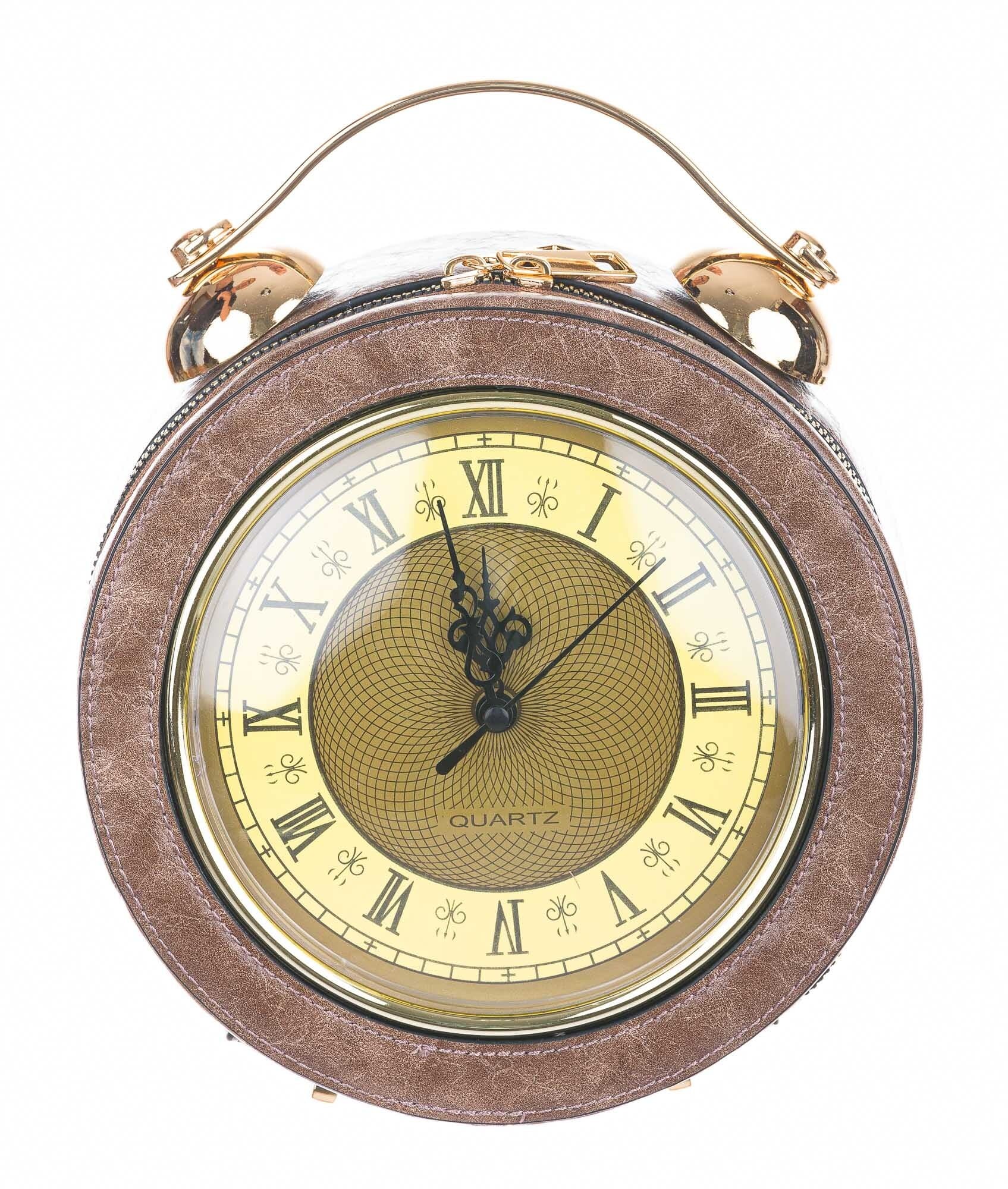 Borsa Mini Clock con orologio funzionante con tracolla, Cosplay Steampunk, ecopelle, colore taupe, ARIANNA DINI DESIGN
