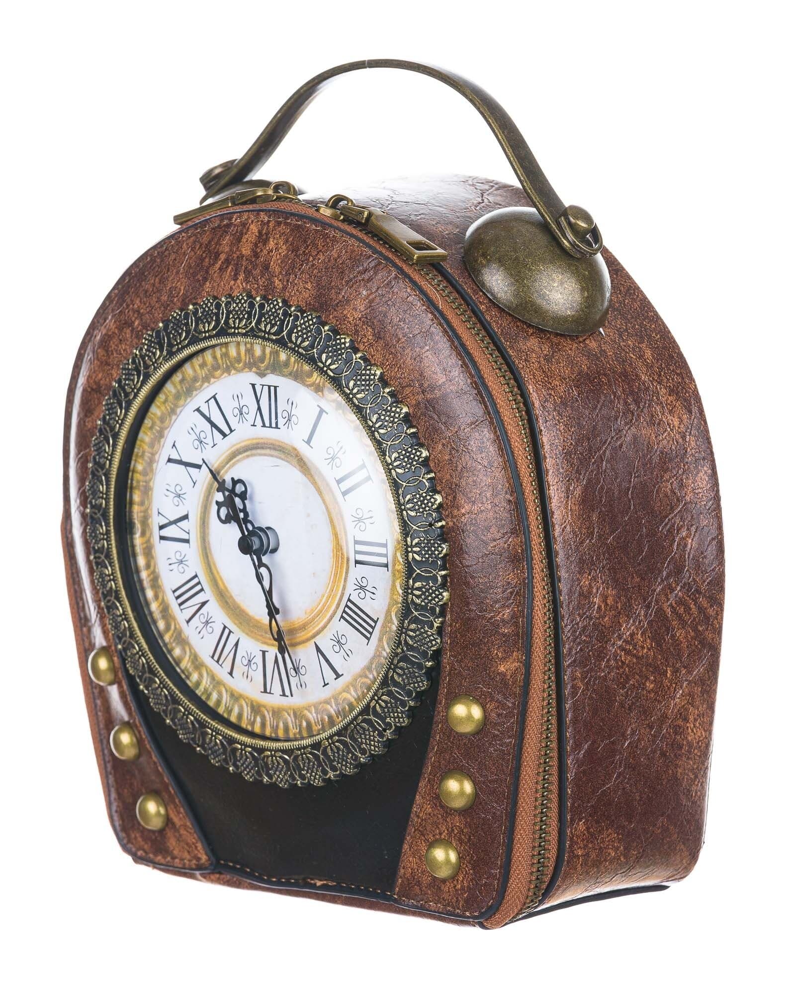 Borsa Queeny Clock con orologio funzionante con tracolla, Cosplay Steampunk, ecopelle, colore marrone, ARIANNA DINI DESIGN