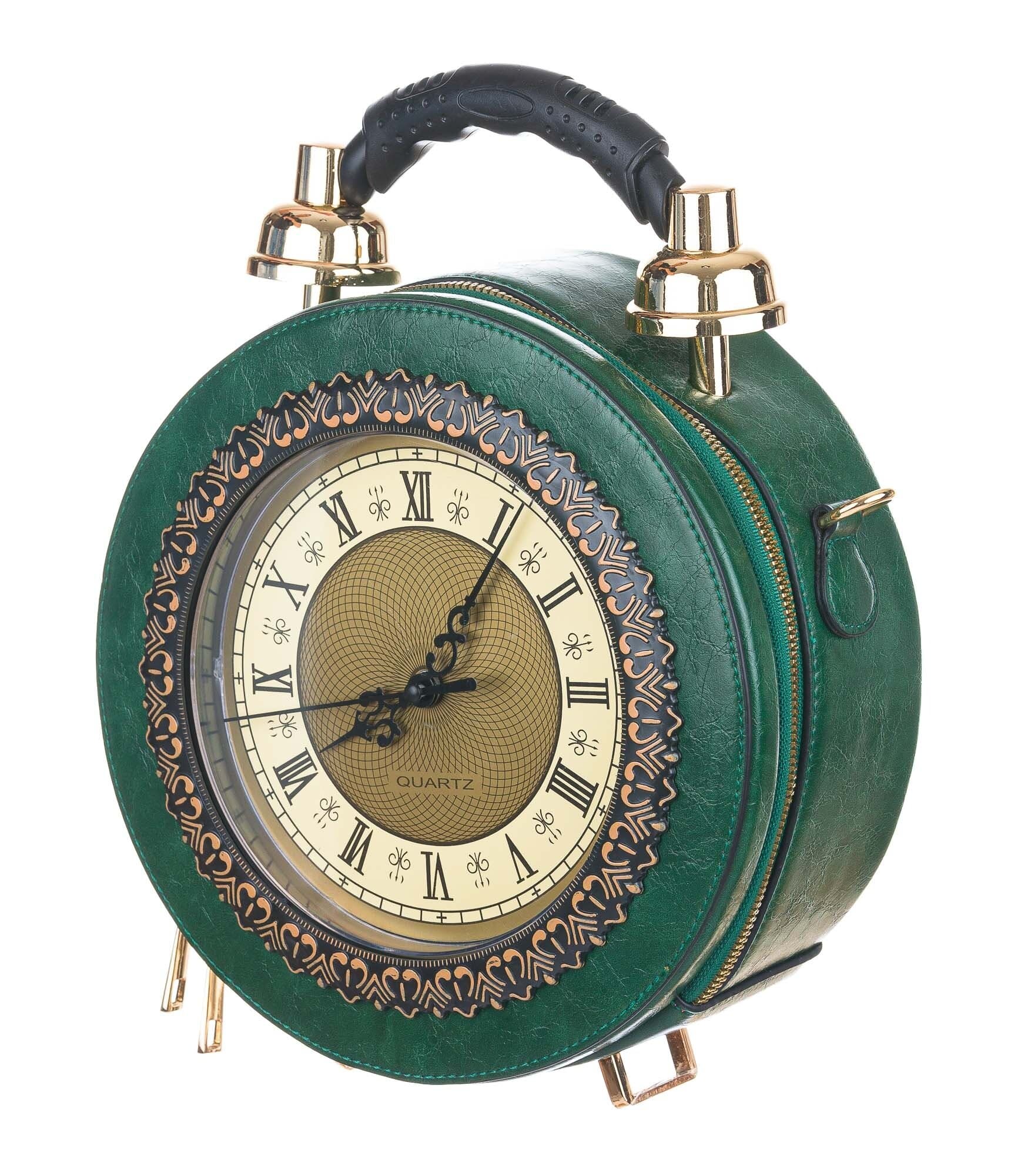 Borsa Tracy Clock con orologio funzionante con tracolla, Cosplay Steampunk, ecopelle, colore verde, ARIANNA DINI DESIGN