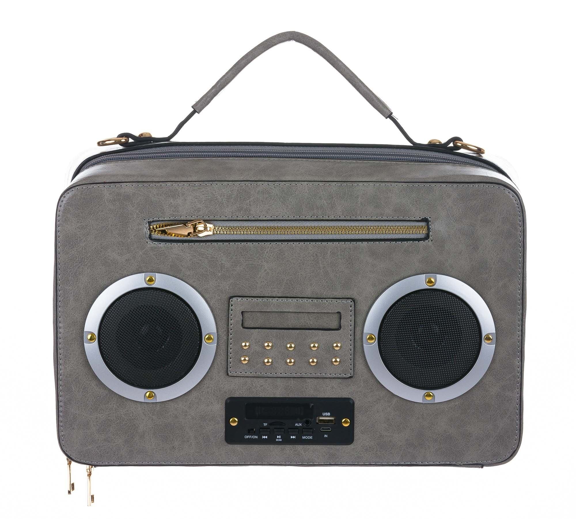 Borsa Radio Musical con casse funzionanti con tracolla, Cosplay Steampunk, ecopelle, colore grigio, ARIANNA DINI DESIGN