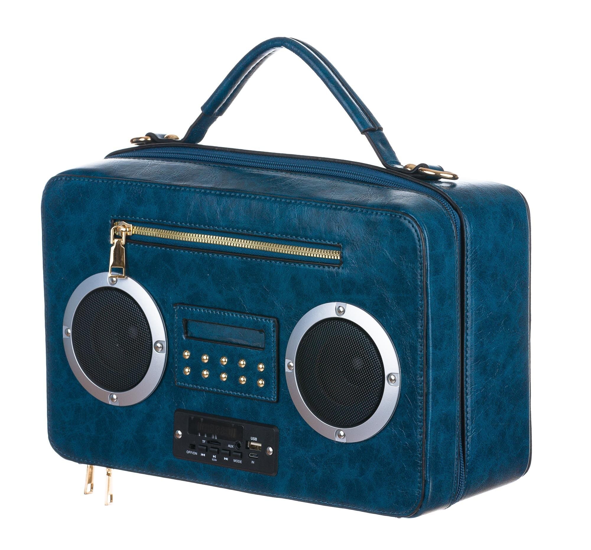 Borsa Radio Musical con casse funzionanti con tracolla, Cosplay Steampunk, ecopelle, colore blu, ARIANNA DINI DESIGN