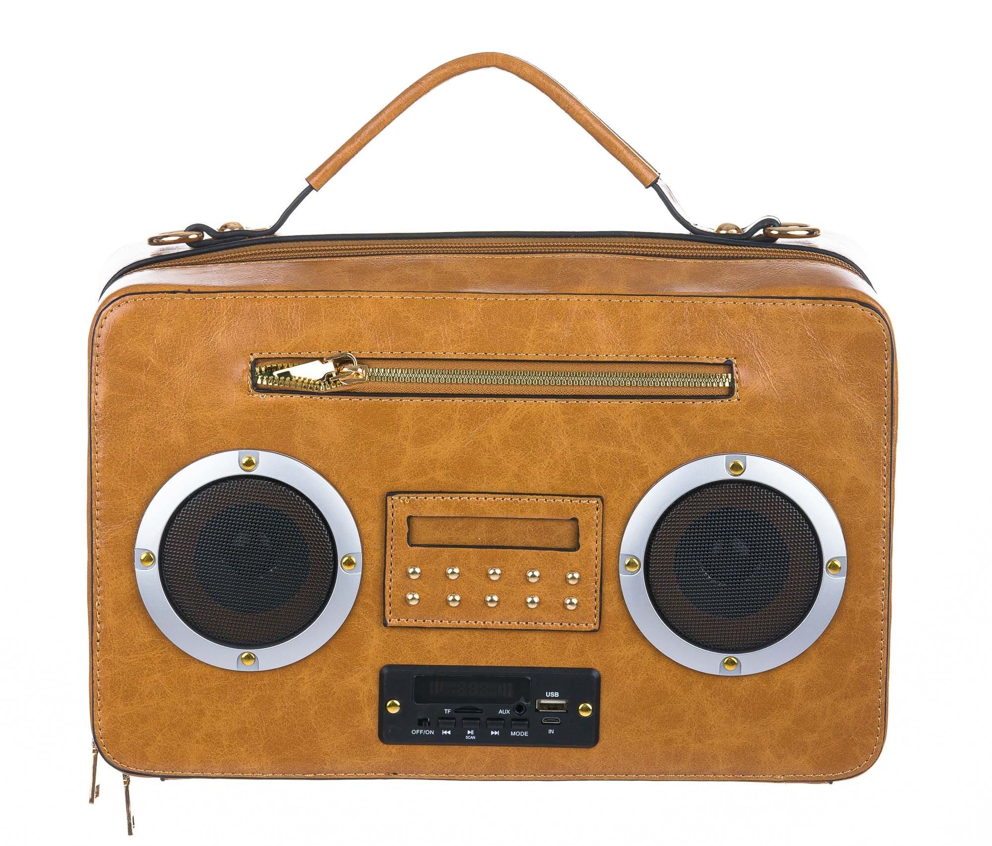 Borsa Radio Musical con casse funzionanti con tracolla, Cosplay Steampunk, ecopelle, colore cachi, ARIANNA DINI DESIGN
