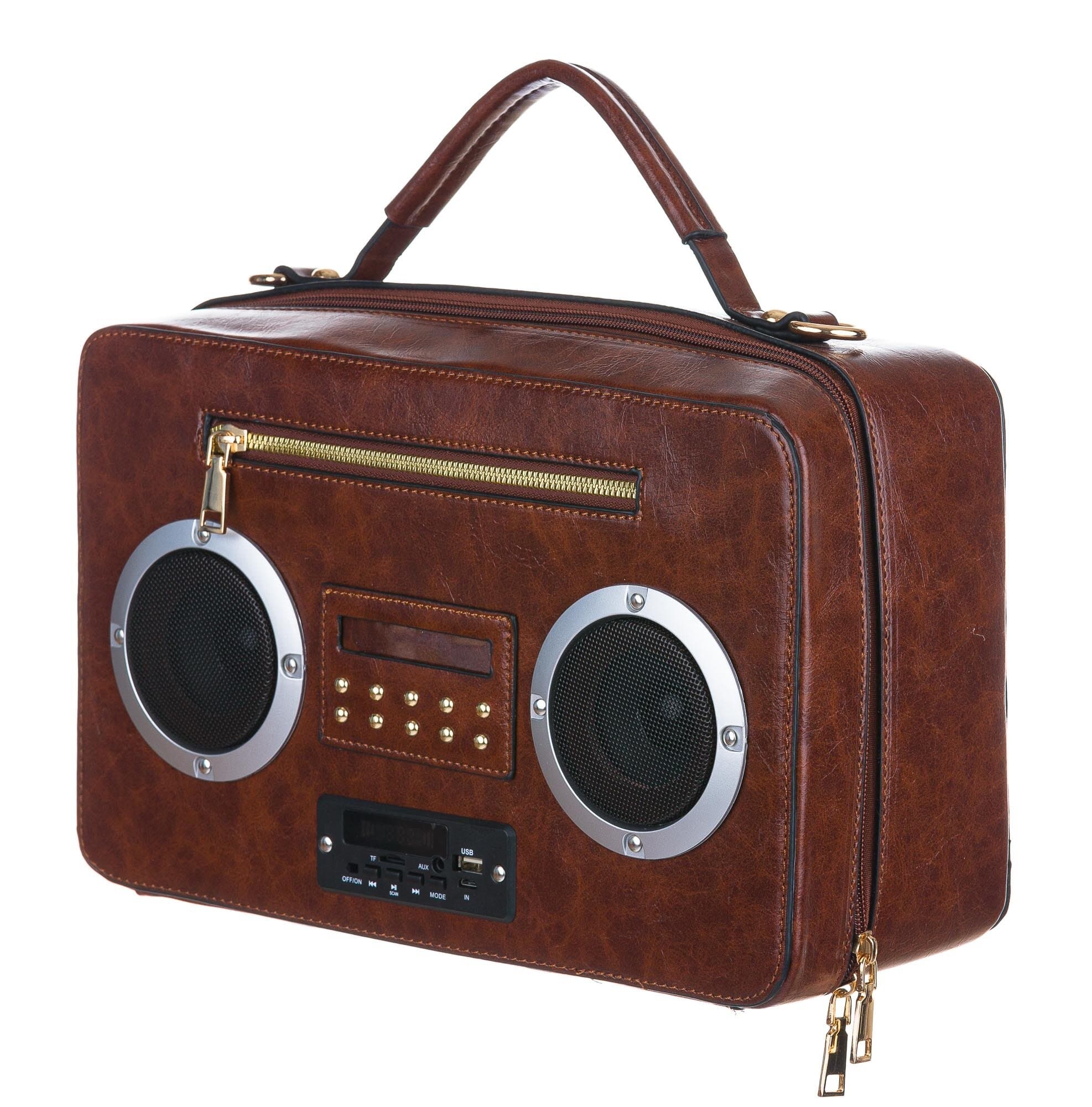 Borsa Radio Musical con casse funzionanti con tracolla, Cosplay Steampunk, ecopelle, colore marrone, ARIANNA DINI DESIGN