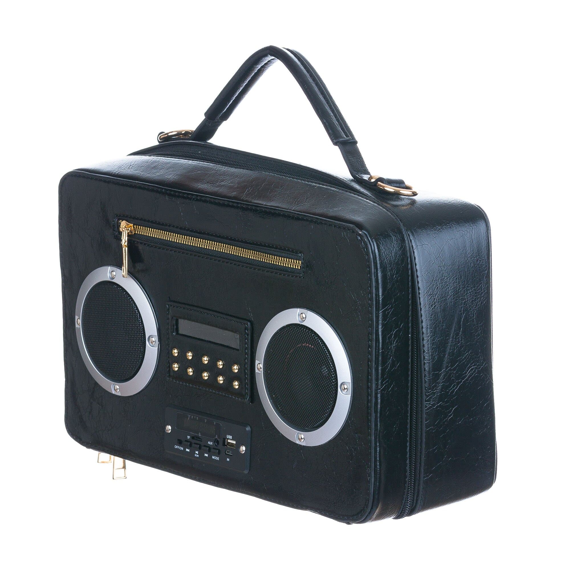 Borsa Radio Musical con casse funzionanti con tracolla, Cosplay Steampunk, ecopelle, colore nero, ARIANNA DINI DESIGN