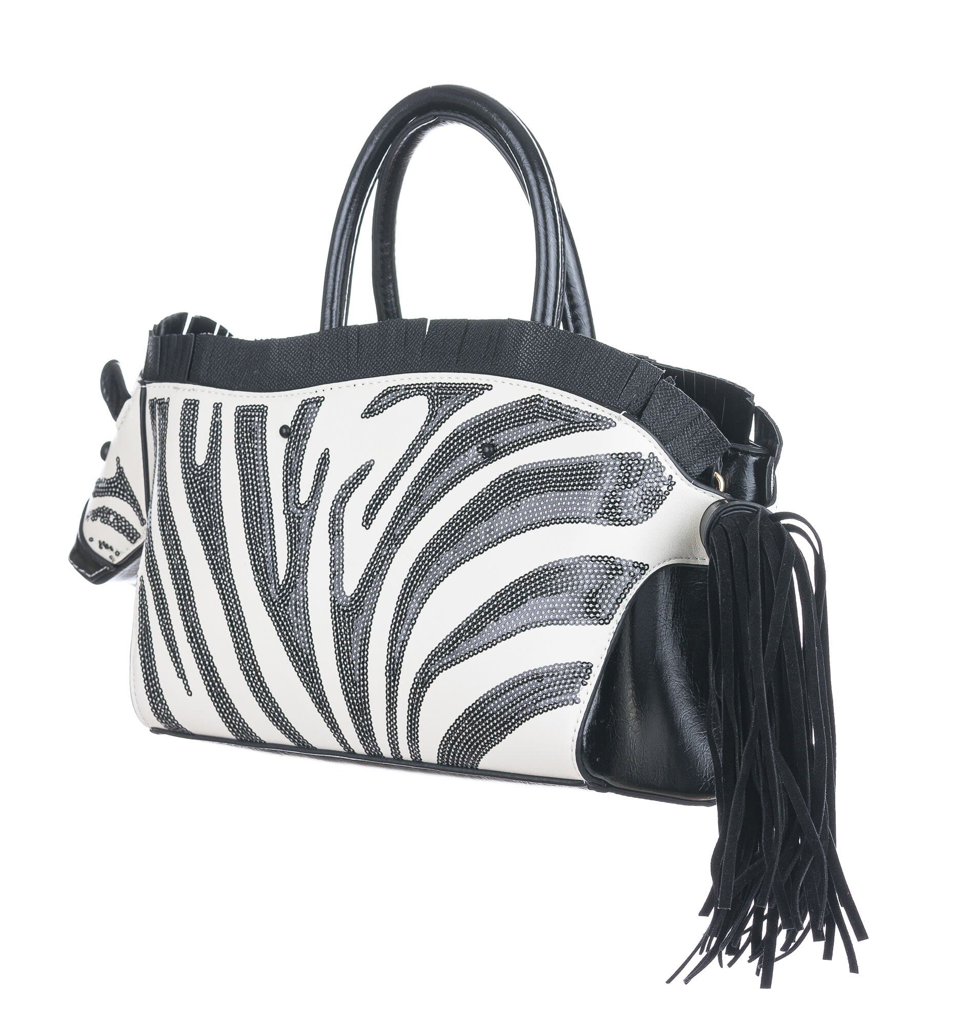 Borsa Zebra Marty due manici con tracolla, Cosplay Steampunk, ecopelle, colore BIANCOe NERO, ARIANNA DINI DESIGN