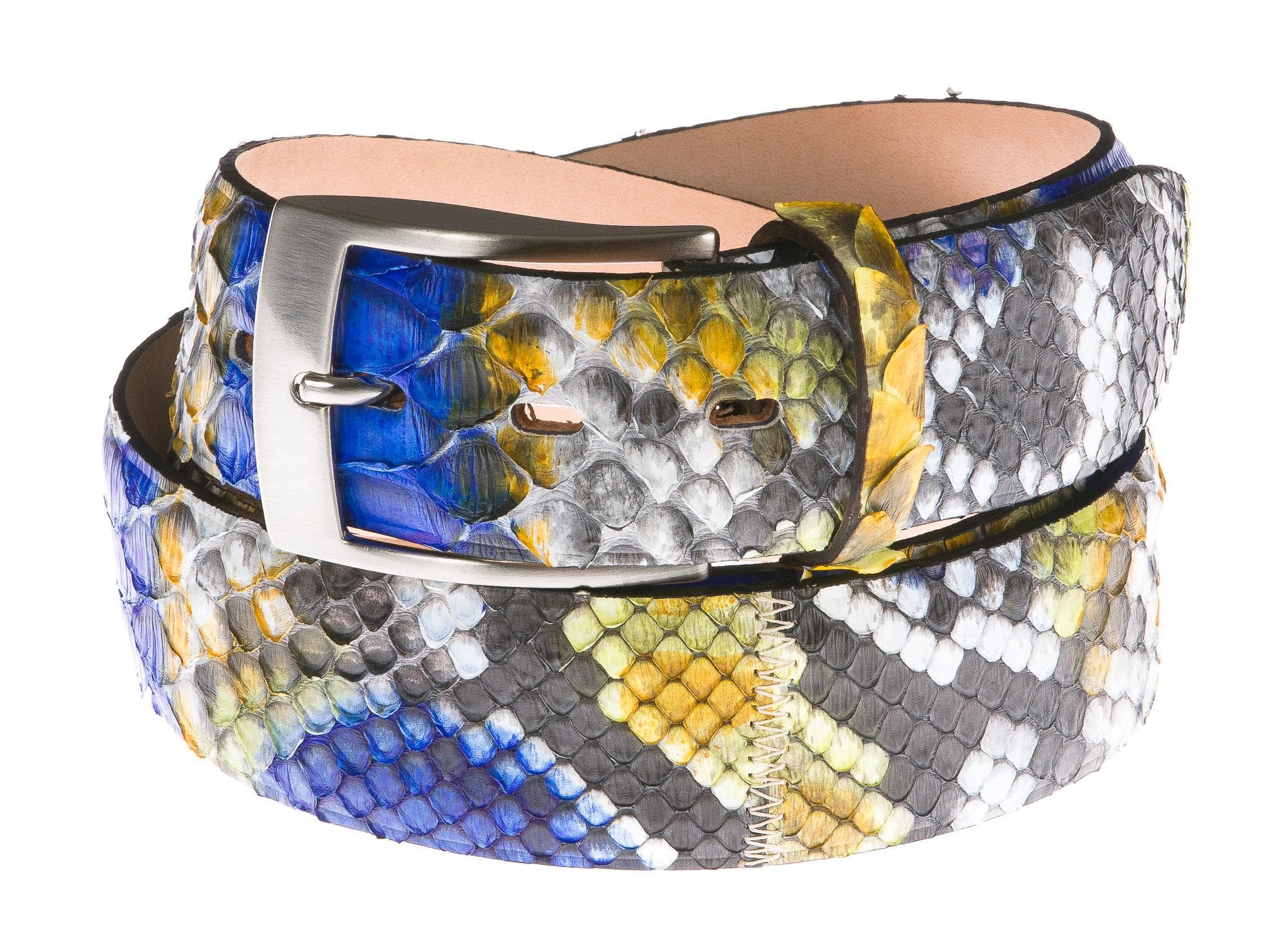 Cintura uomo BEIRUT C26, vera pelle pitone certificato CITES, colore GRIGIO/BLU/GIALLO, ELIO ZAGATO, Made in Italy