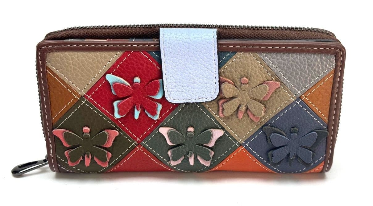AGRIFOGLIO : portafogli donna in pelle lavorazione a fantasia, colore : MULTICOLOR, Made in Italy - P005603