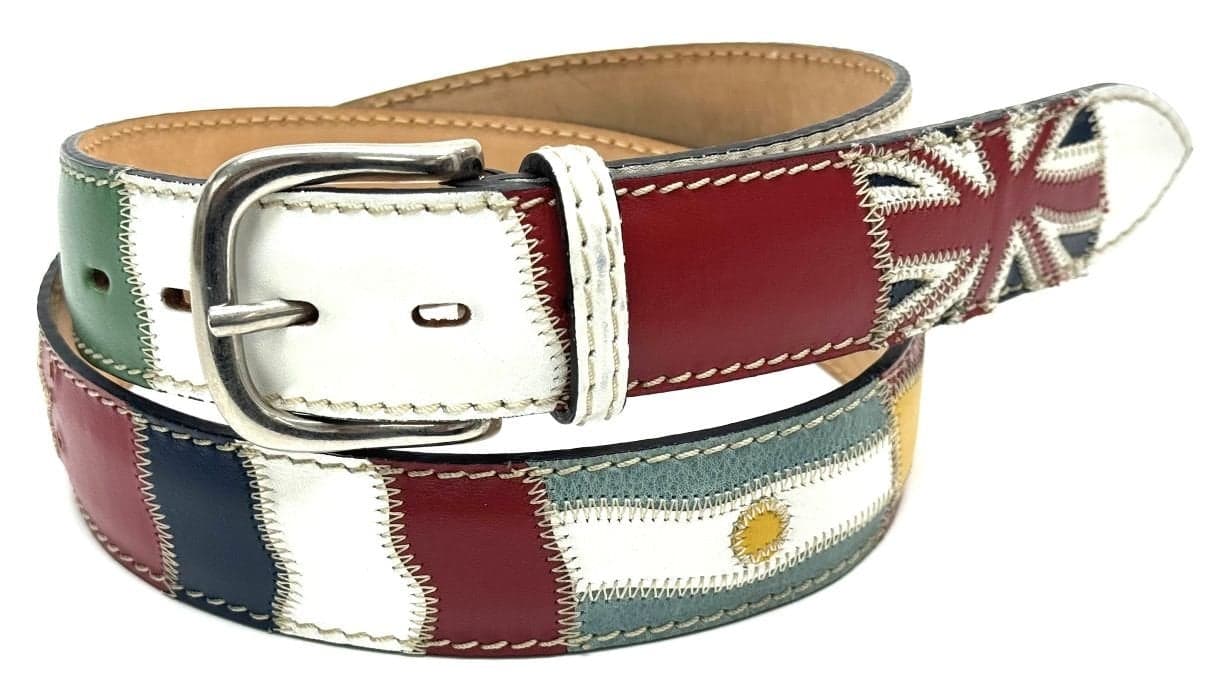 BASILEA: man's belt in leather, multinational flags, with applications in leather, color : WHITE / MULTICOLOR, Made in Italy