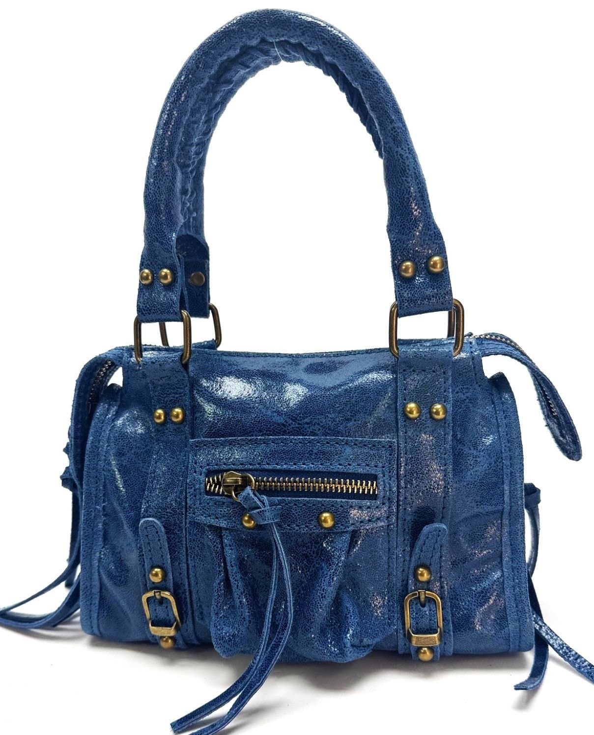 Borsa a tracolla da donna in vera pelle BELINDA SMALL, colore BLU, CHIAROSCURO, Made in Italy