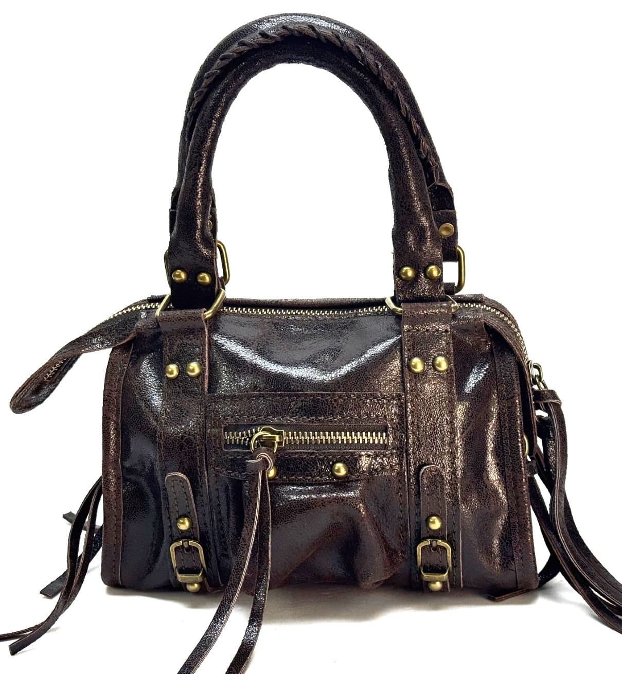 Borsa a tracolla da donna in vera pelle BELINDA SMALL, colore TESTA DI MORO, CHIAROSCURO, Made in Italy