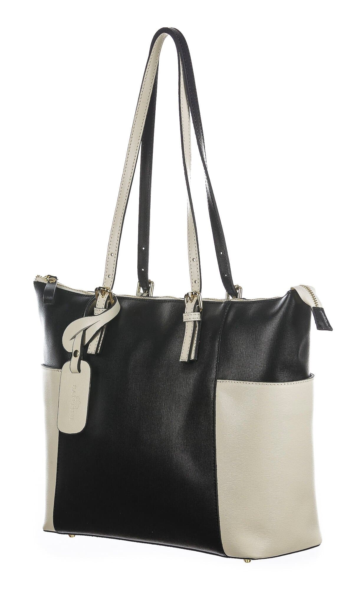 Borsa a spalla donna AMBRA in vera pelle rigida saffiano, modello shopping, colore NERO BEIGE, SANTINI, Made in Italy.
