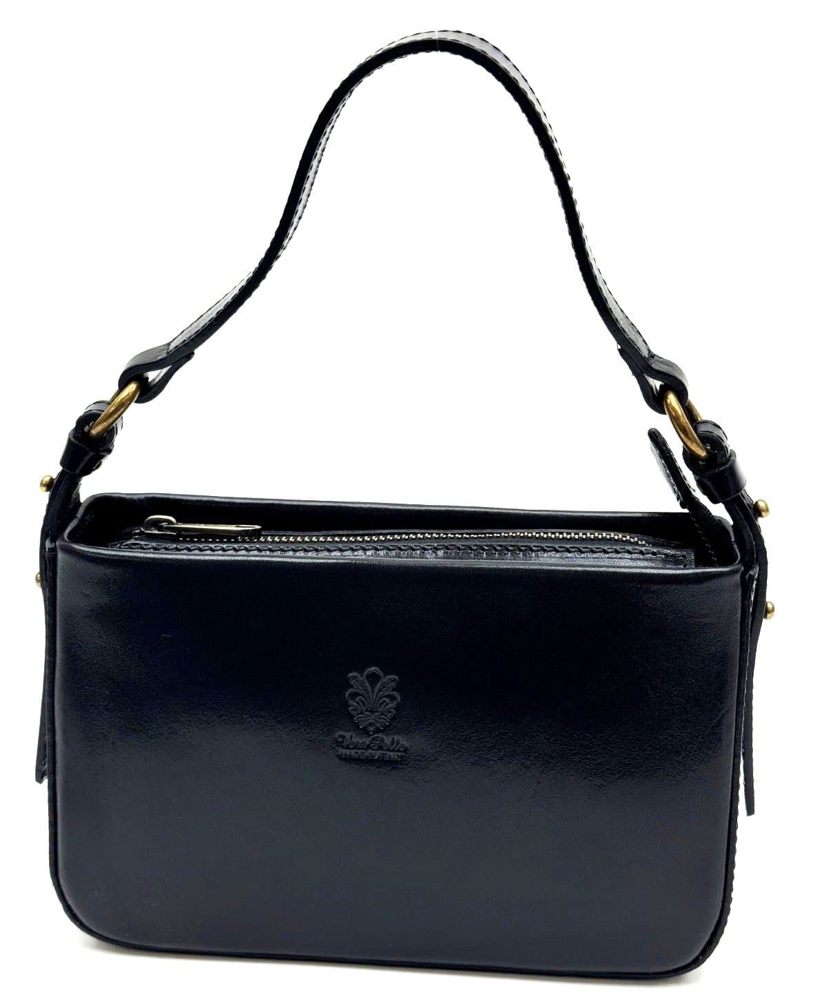 Borsa a spalla da donna in vera pelle ARMONI, colore NERO, CHIAROSCURO, Made in Italy.