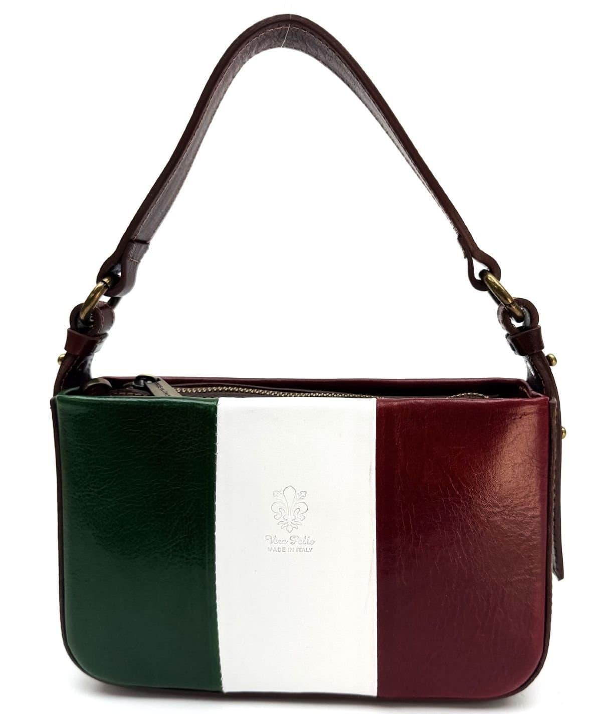 Borsa a spalla da donna in vera pelle ARMONI, TRICOLORE BANDIERA ITALIANA, colore VERDE/BIANCO/ROSSO, CHIAROSCURO, Made in Italy.