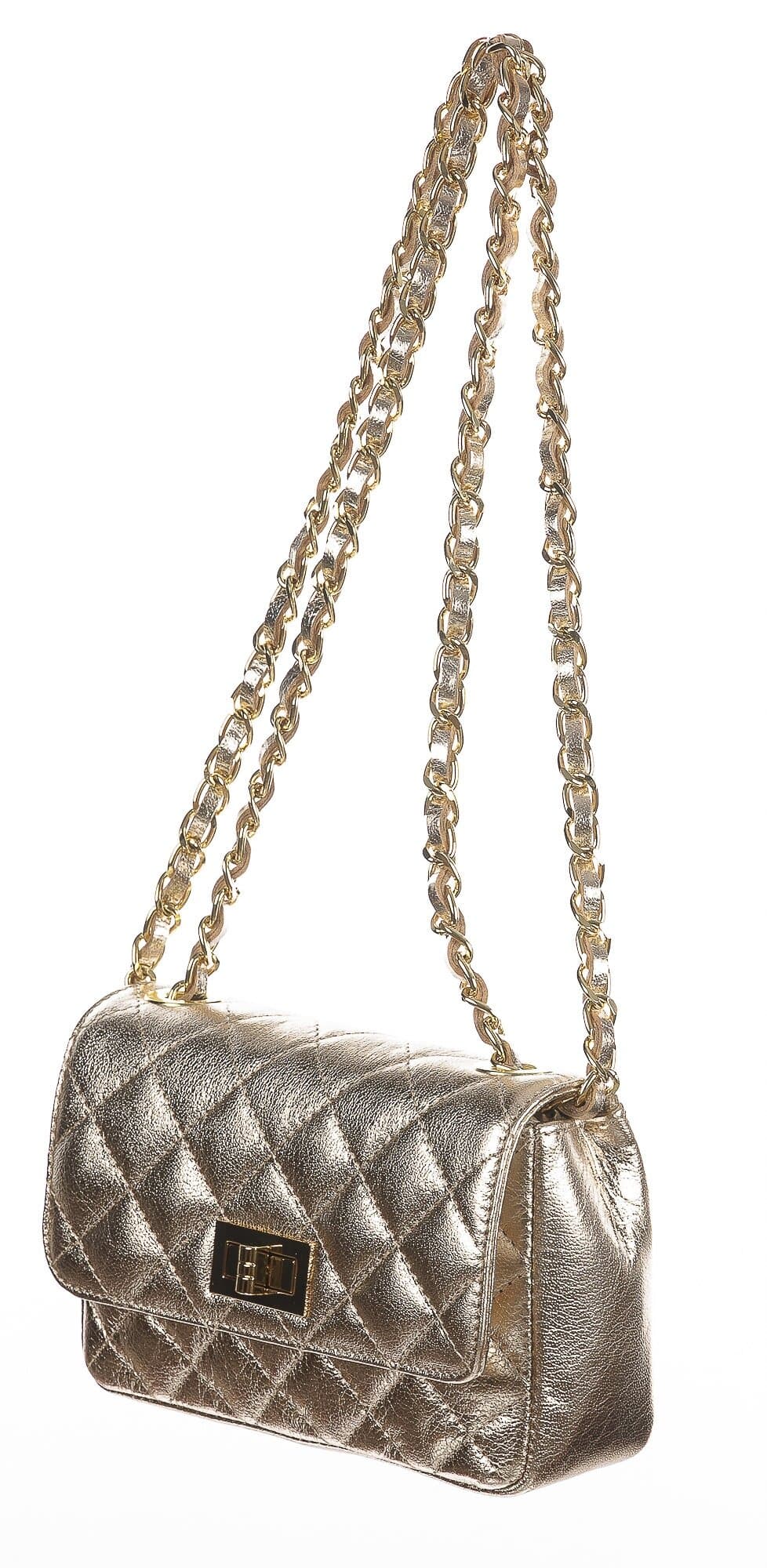 Borsa a spalla da donna in vera pelle CHARLOTTE MINI, colore ORO METALLIZATO, CHIAROSCURO, Made in Italy