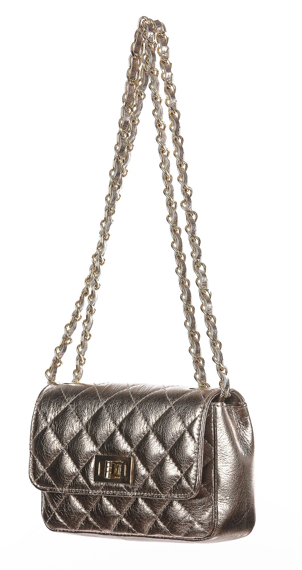Borsa a spalla da donna in vera pelle CHARLOTTE MINI, colore ORO METALLIZATO, CHIAROSCURO, Made in Italy.