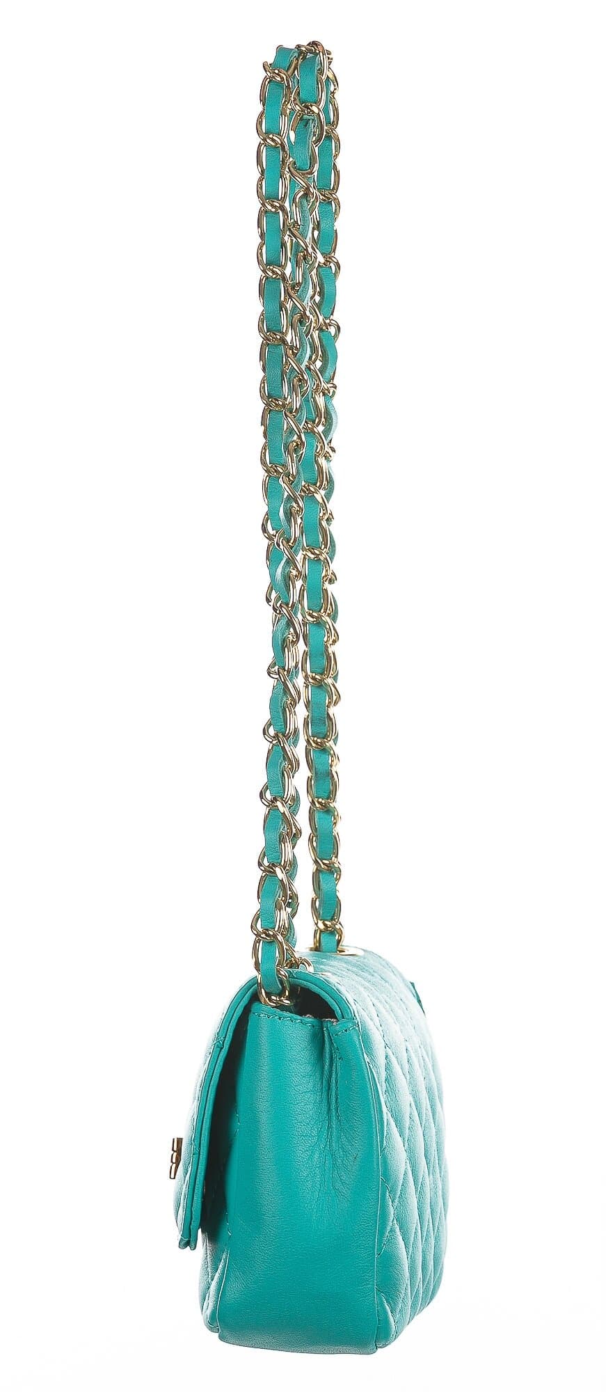Borsa a spalla da donna in vera pelle CHARLOTTE MINI, colore VERDE AQUA, CHIAROSCURO, Made in Italy