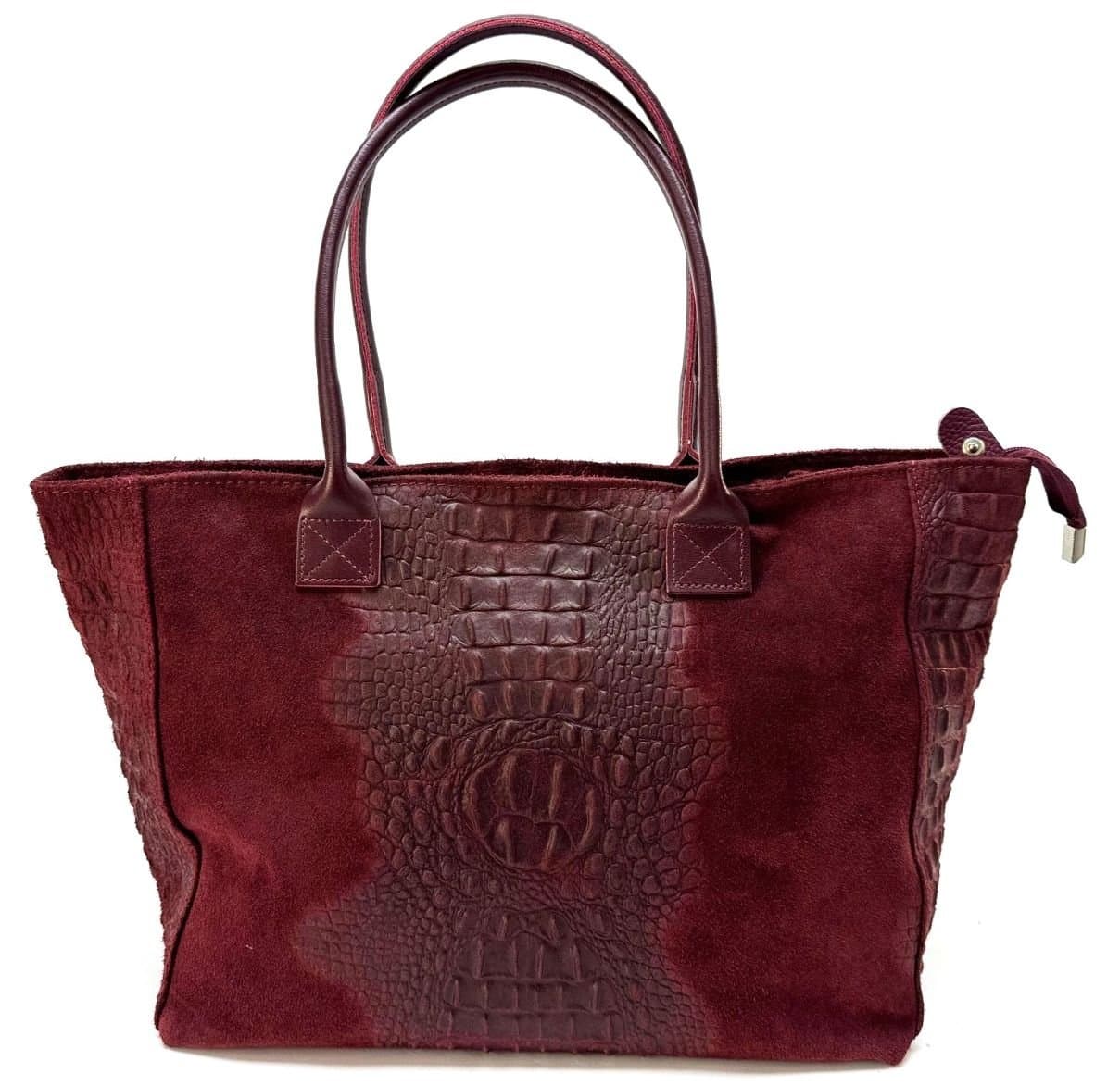 Borsa shopper semplice forma trasformabile a spalla da donna in vera pelle scamosciata modello LAVINE, colore BORDEAUX, CHIAROSCURO, Made in Italy