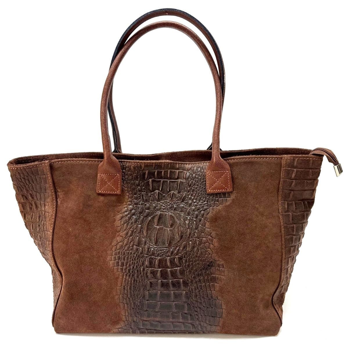Borsa shopper semplice forma trasformabile a spalla da donna in vera pelle scamosciata modello LAVINE, colore MARRONE, CHIAROSCURO, Made in Italy.