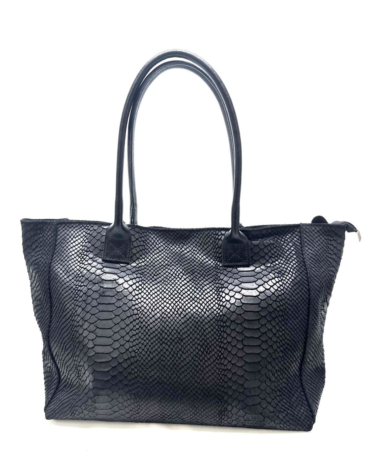 Borsa shopper semplice forma trasformabile a spalla da donna in vera pelle scamosciata modello LAVINE, colore NERO, CHIAROSCURO, Made in Italy.