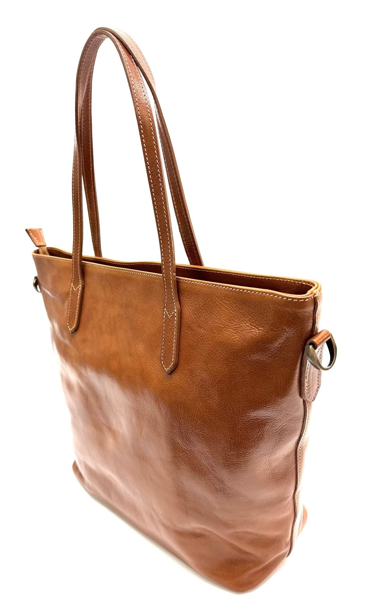 Borsa modello shopper, portata a spalla da donna in vera pelle modello VANESA, colore MIELE, CHIAROSCURO, Made in Italy.