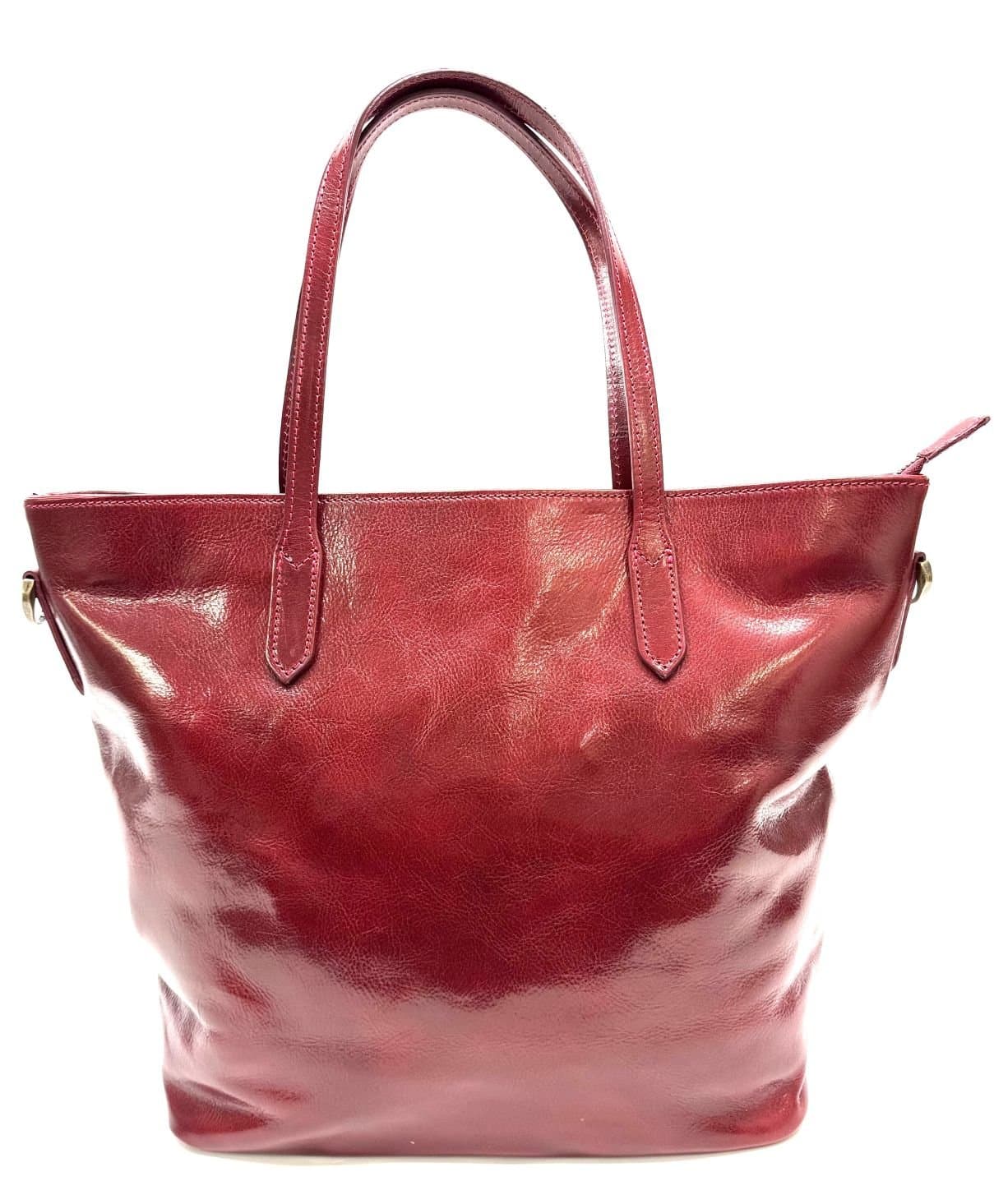 Borsa modello shopper, portata a spalla da donna in vera pelle modello VANESA, colore ROSSO, CHIAROSCURO, Made in Italy.