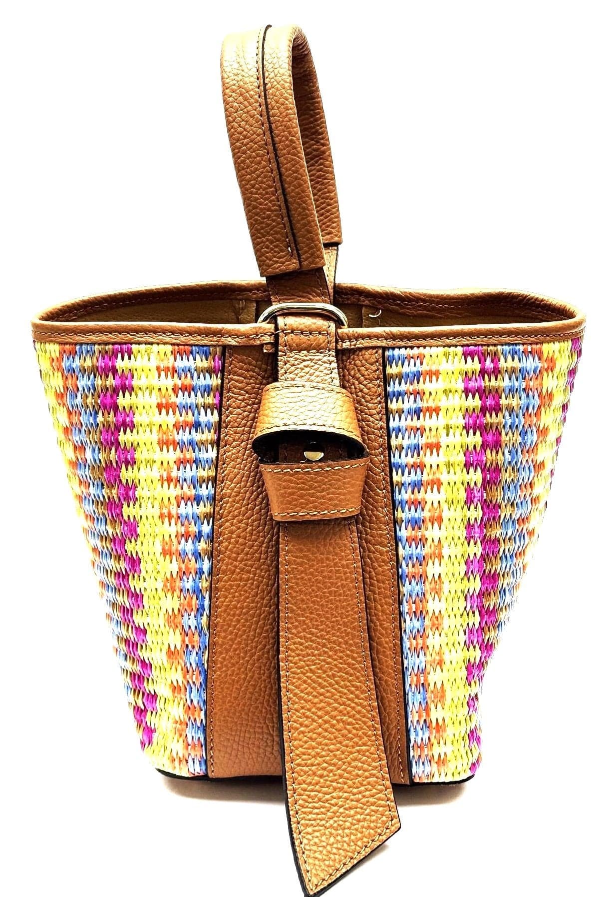 Borsa a spalla donna ASTRA in vera pelle e rafia, colore MULTICOLORE, CHIAROSCURO, Made in Italy