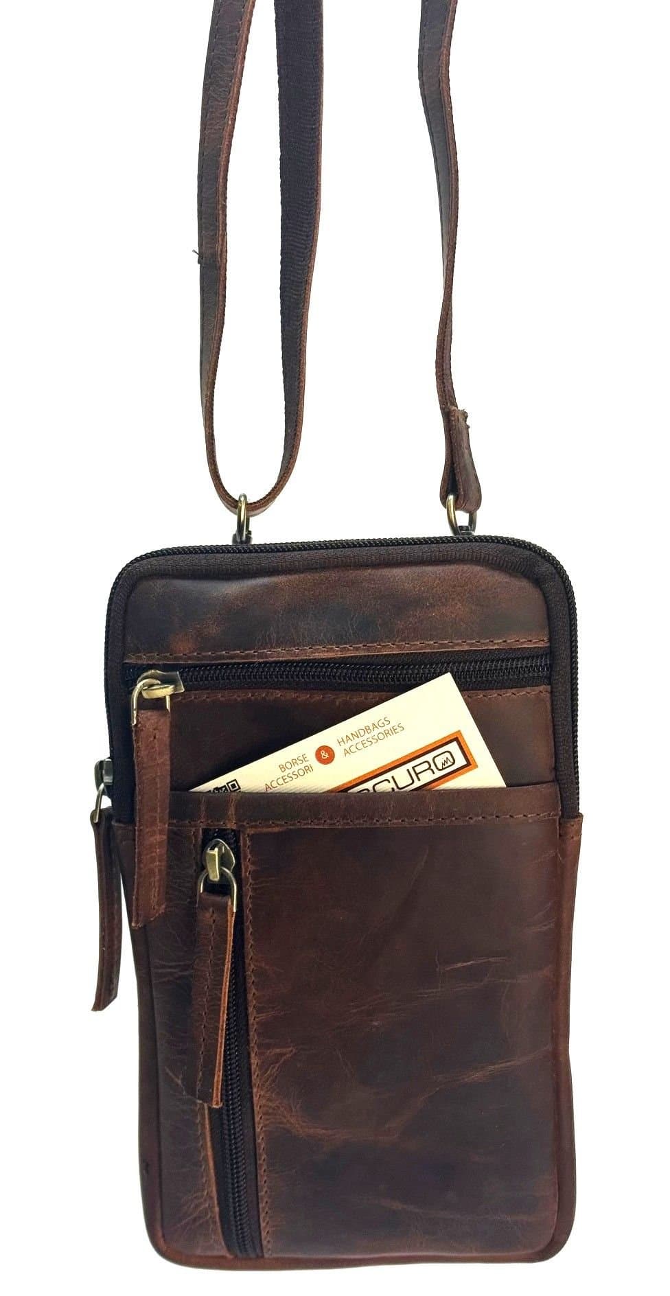 Borsa a tracolla porta cellulare da uomo in vera pelle nabuk ORLANDO SMALL, colore MARRONE, CHIAROSCURO, Made in Italy