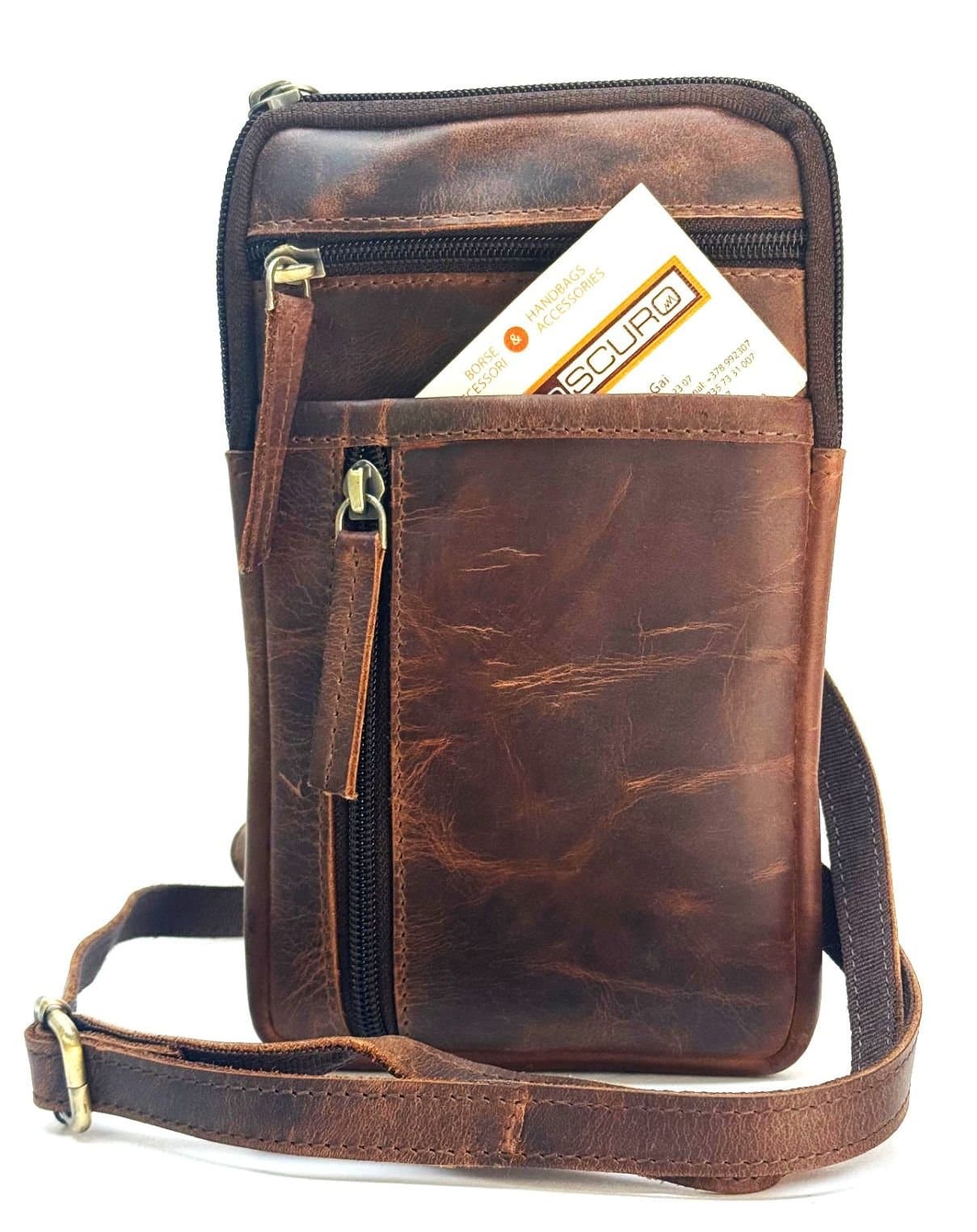 Borsa a tracolla porta cellulare da uomo in vera pelle nabuk ORLANDO SMALL, colore MARRONE, CHIAROSCURO, Made in Italy