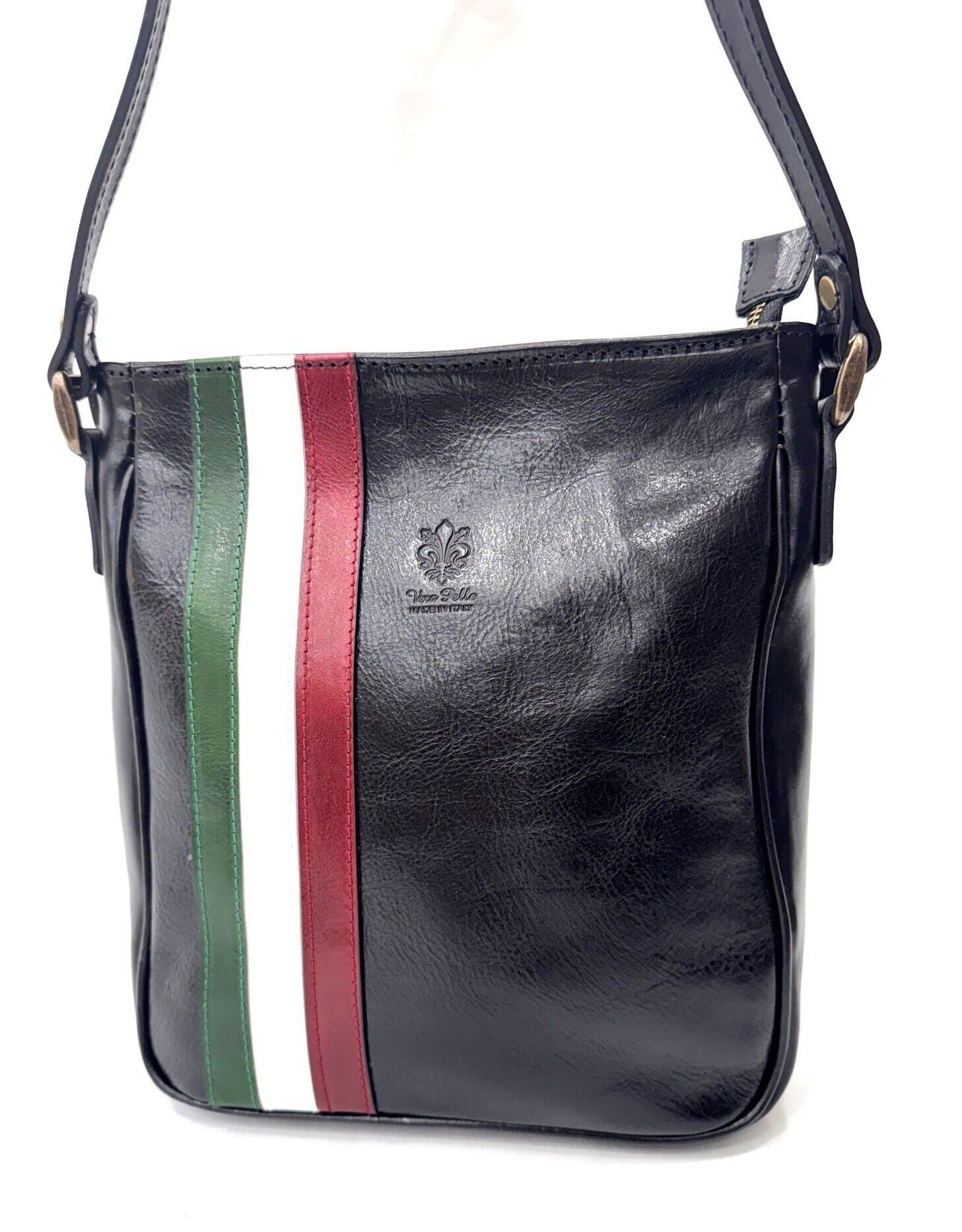 Borsa a tracolla da uomo in vera pelle VASCO, colore NERO / BANDIERA ITALIANA ,CHIAROSCURO, Made in Italy