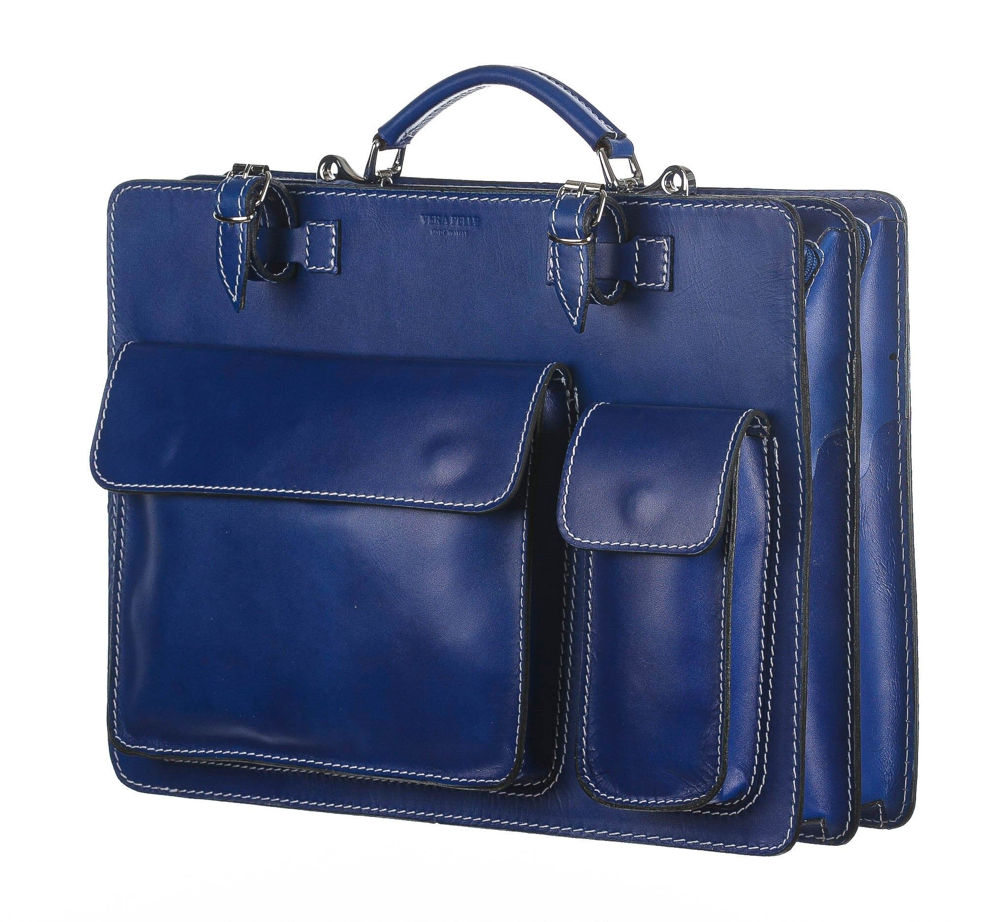 Cartella ufficio / lavoro in vera pelle CHIAROSCURO mod. ALEX XXL, colore AZZURRO, con tracolla, Made in Italy adatta a computer Pc portatile 13/14 pollici, brochure grandi, cartelle e fogli formato A4 (Borsa)