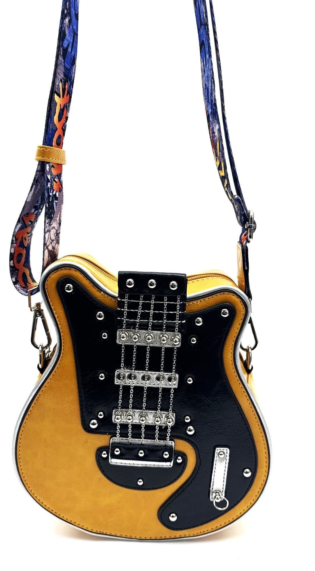 Borsa Guitar Lorien small con tracolla, Cosplay Steampunk, in ecopelle, forma chitarra, colore GIALLO, ARIANNA DINI DESIGN