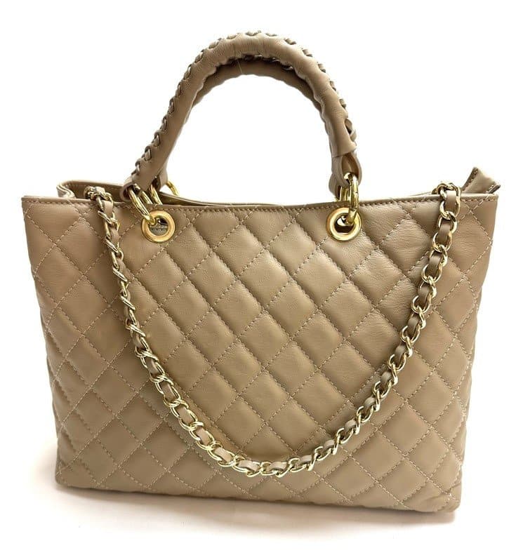 Borsa da donna in vera pelle CAMILLA MAXI, colore TAUPE, CHIAROSCURO, Made in Italy.