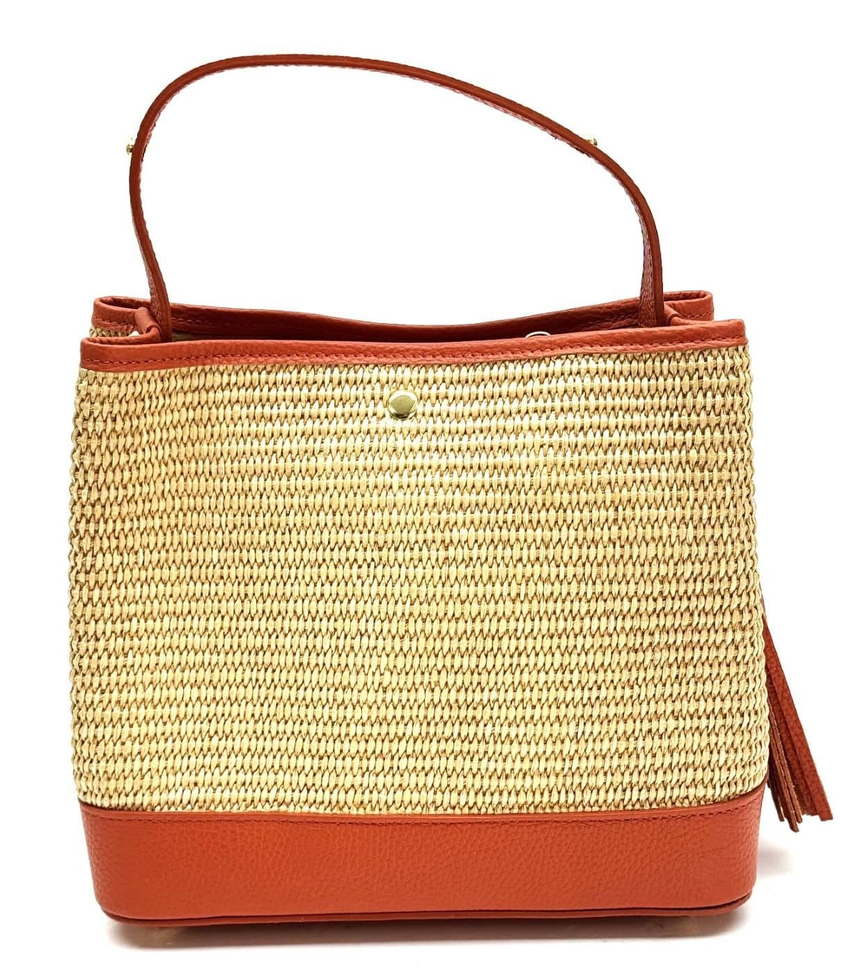 Women's bag in genuine leather / raffia AMELIA color orange, CHIAROSCURO, Made in Italy.